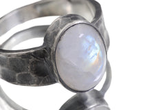 AAA Grade Blue Moonstone Feldspars Oval Cabochon, Ring Men’s Size 11, 925 Silver Hammered Oxidised, Chakra Energy Jewelry,
