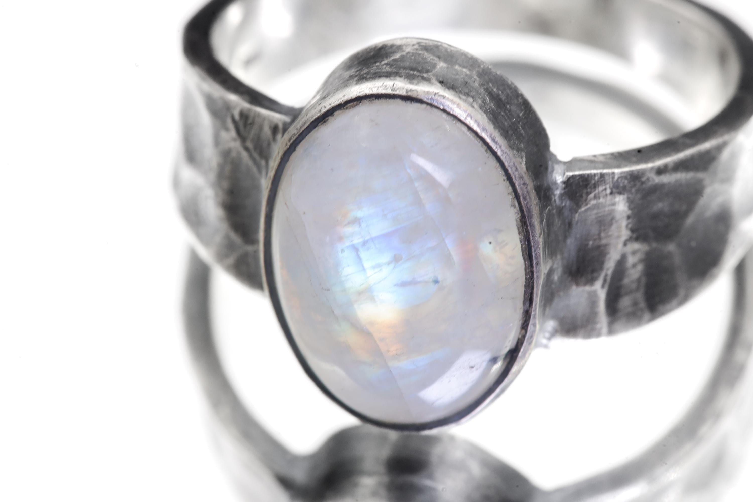 AAA Grade Blue Moonstone Feldspars Oval Cabochon, Ring Men’s Size 11, 925 Silver Hammered Oxidised, Chakra Energy Jewelry,