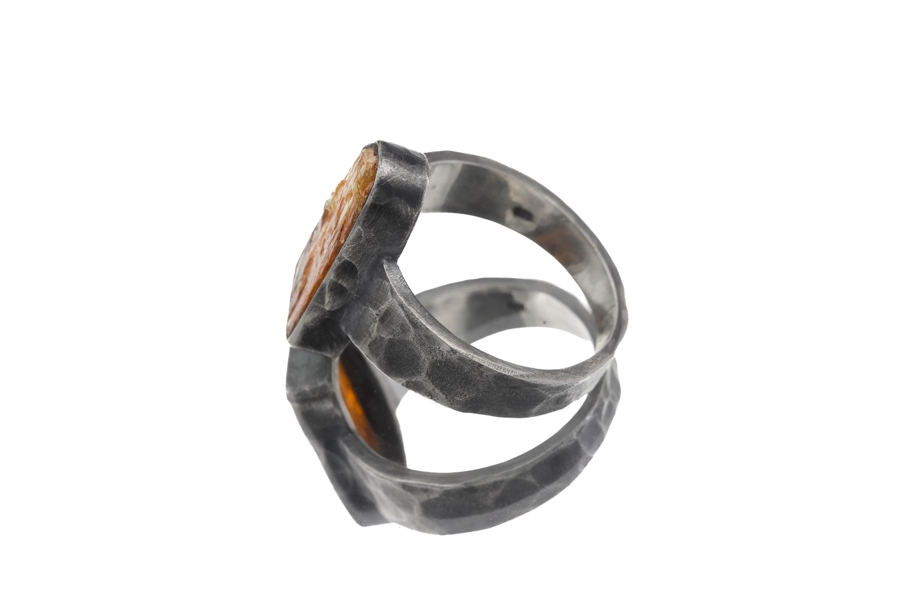 Natural Raw Orange Gem Kyanite Specimen 925 Silver Oxidised Hammered Band High Grade Stone Men’s Jewelry Solar Plexus Energy