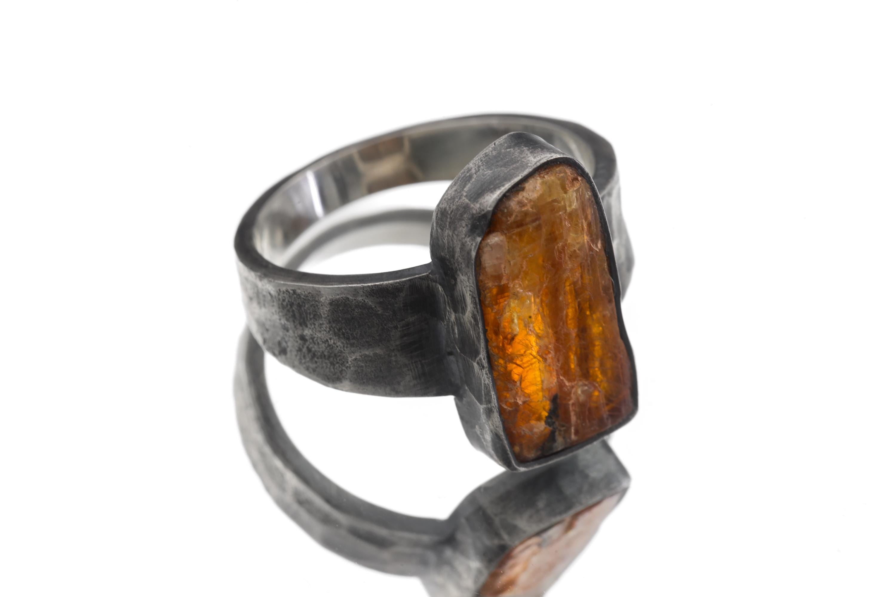 Raw Orange Kyanite Ring, Oxidized 925 Silver Hammered Band, Men's Jewelry