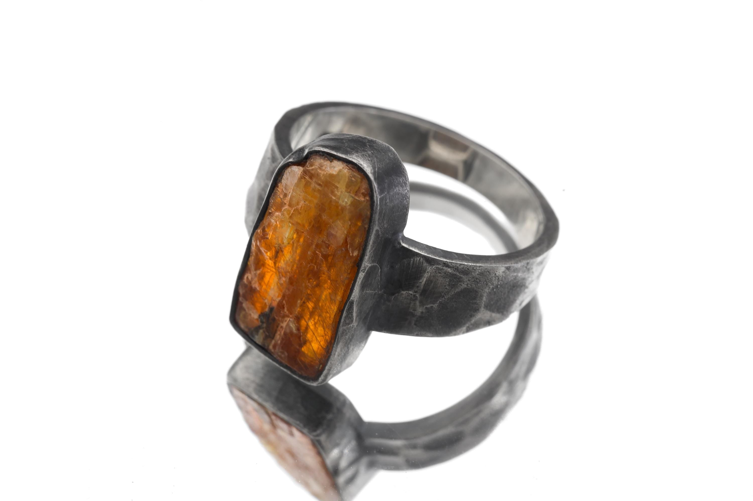 Raw Orange Kyanite Ring 925 Sterling Silver Oxidized Hammered Mens Size 11 Sacral Solar Plexus Chakra Gift
