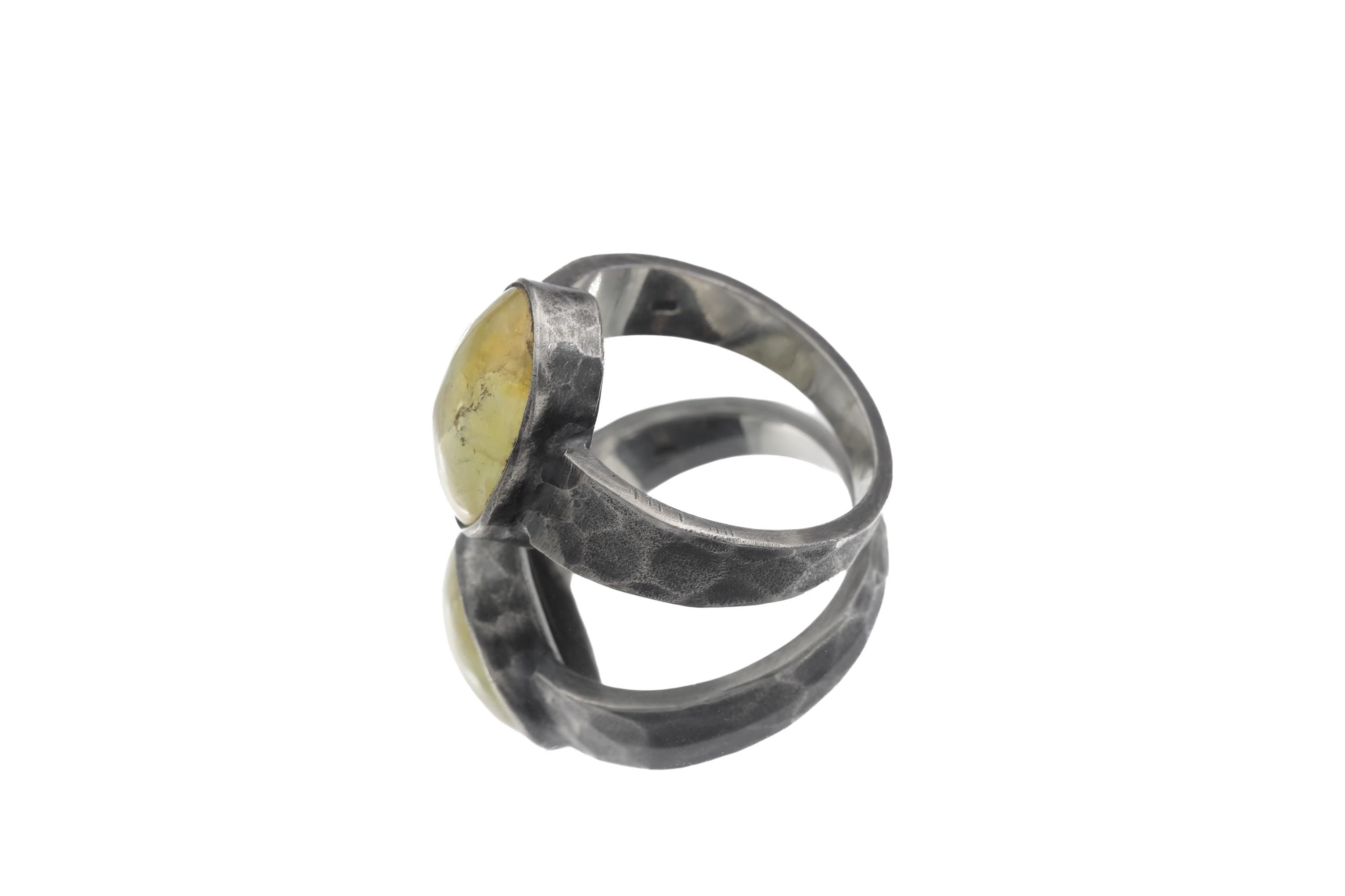 Australian Prehnite Ring 925 Silver Oval Cabochon Hammered Oxidised Band Mens Crystal Ring Heart Chakra Zodiac Healing Stone Jewelry