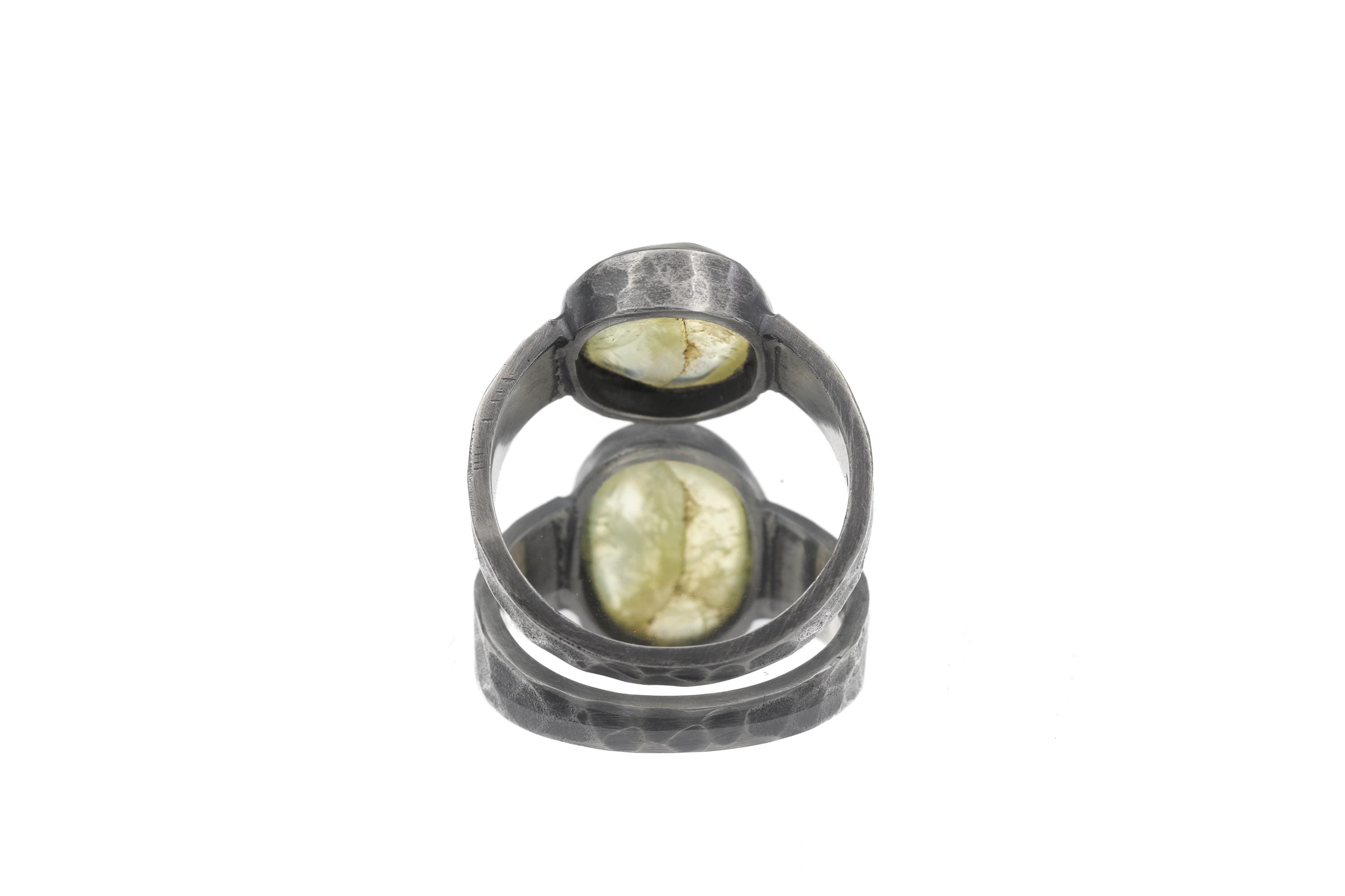 Australian Prehnite Ring, Hammered Oxidized 925 Silver Band, Mens Size 11
