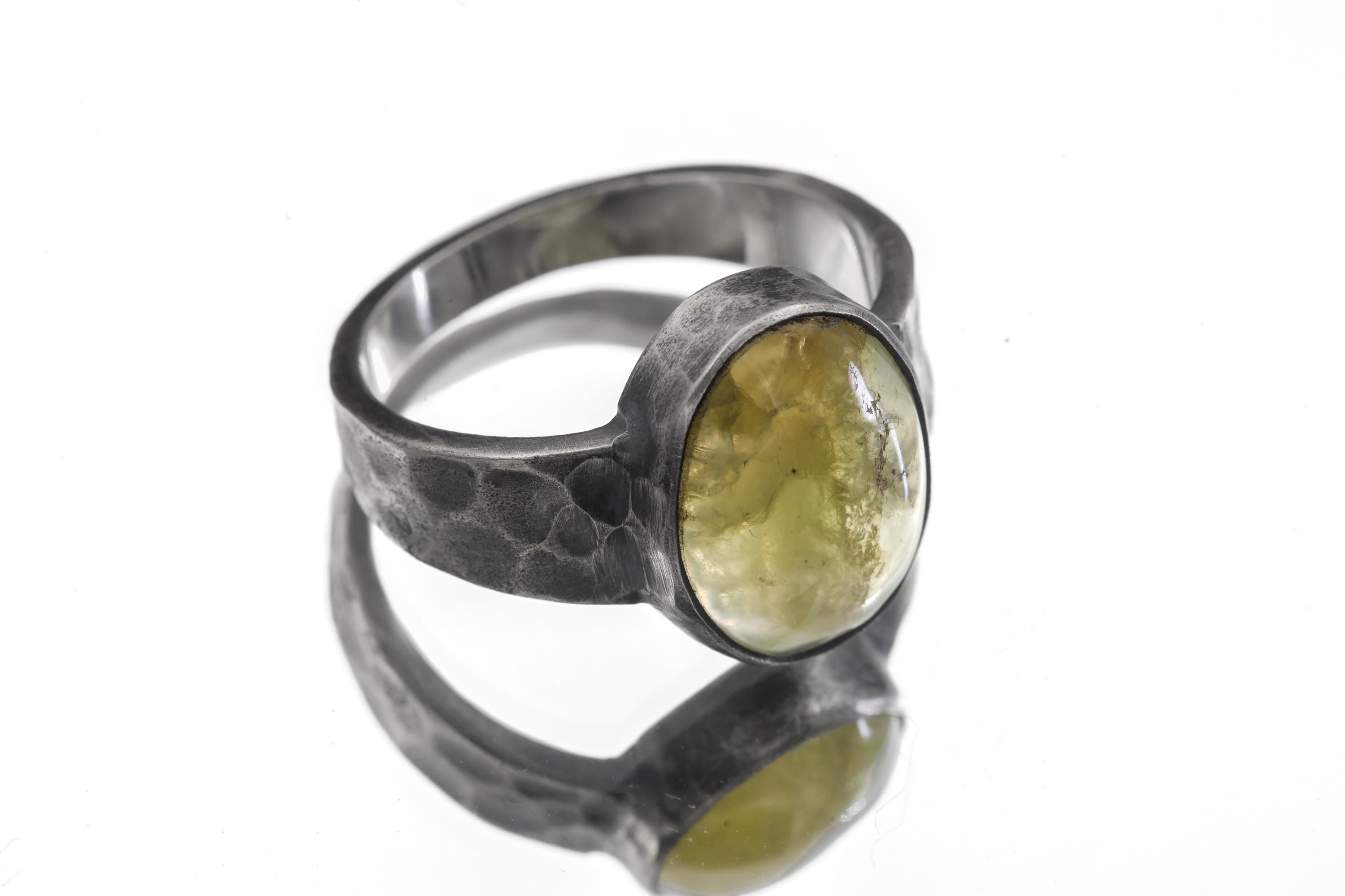 Australian Prehnite Ring 925 Silver Oval Cabochon Hammered Oxidised Band Mens Crystal Ring Heart Chakra Zodiac Healing Stone Jewelry