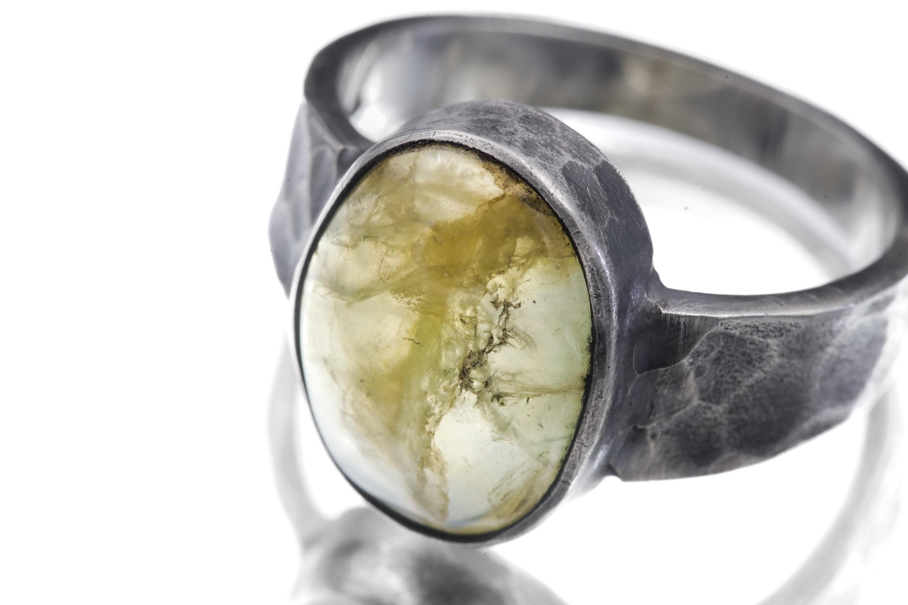 Australian Prehnite Ring 925 Silver Oval Cabochon Hammered Oxidised Band Mens Crystal Ring Heart Chakra Zodiac Healing Stone Jewelry