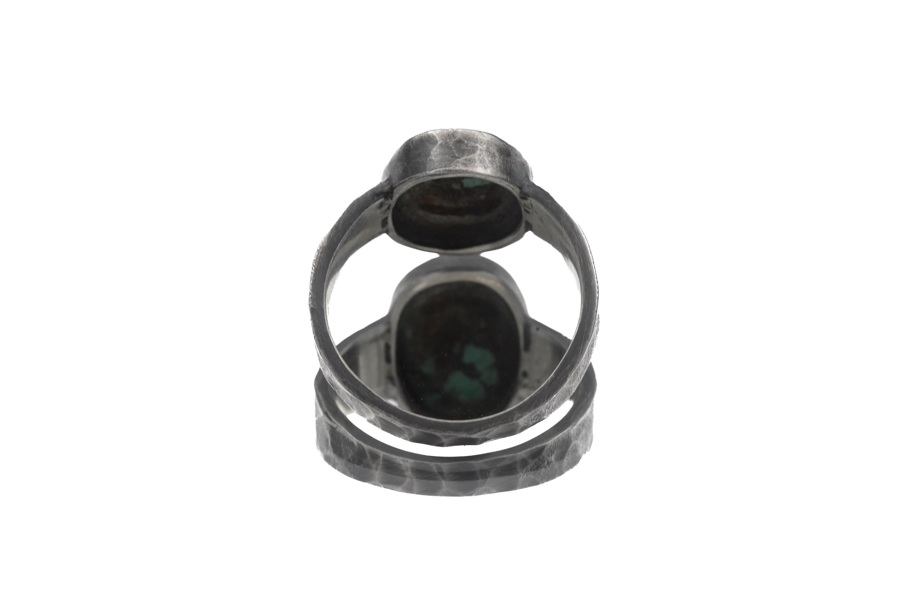 Old World Tibetan Turquoise Oval Cabochon from Trade Bead Ring Size 11 925 Silver Hammered Band Oxidised Finish Raw Men’s Jewelry