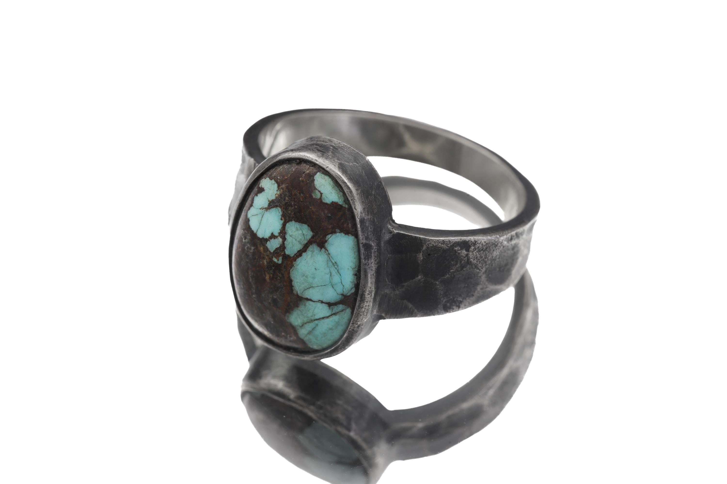 Old World Tibetan Turquoise Oval Cabochon from Trade Bead Ring Size 11 925 Silver Hammered Band Oxidised Finish Raw Men’s Jewelry