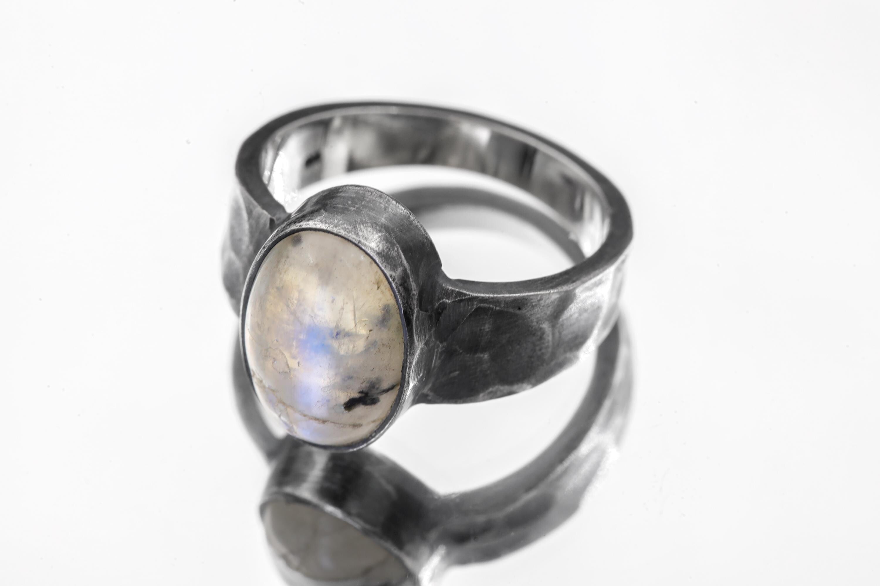Blue Moonstone Ring 925 Sterling Silver Mens Size 9 Oval Cabochon Oxidized Hammered Band Crown Chakra Jewelry Gift