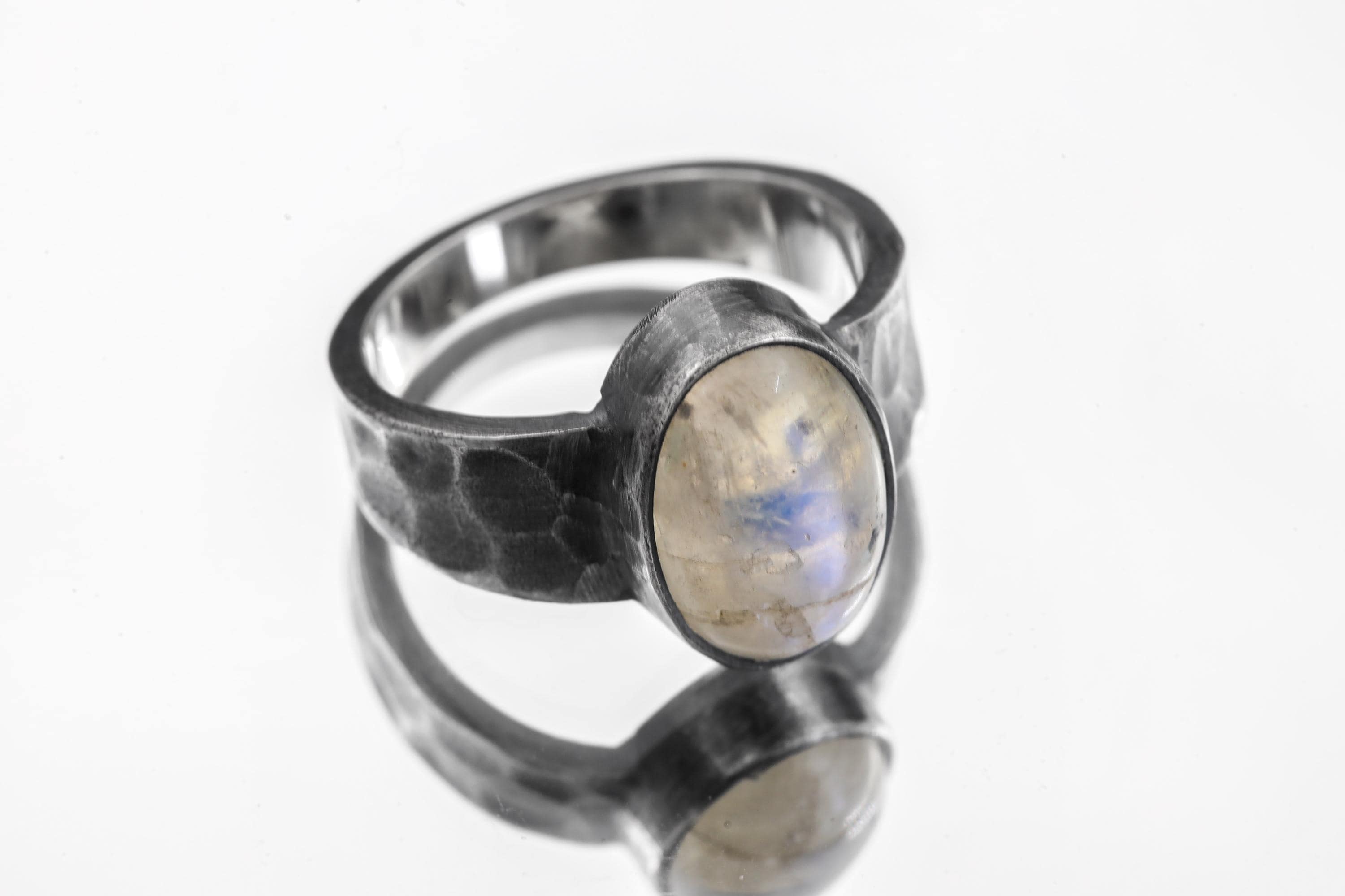 AAA Moonstone Silver Ring Oval Cabochon 925 Sterling Oxidized Textured Band Cancer Libra Crown Chakra