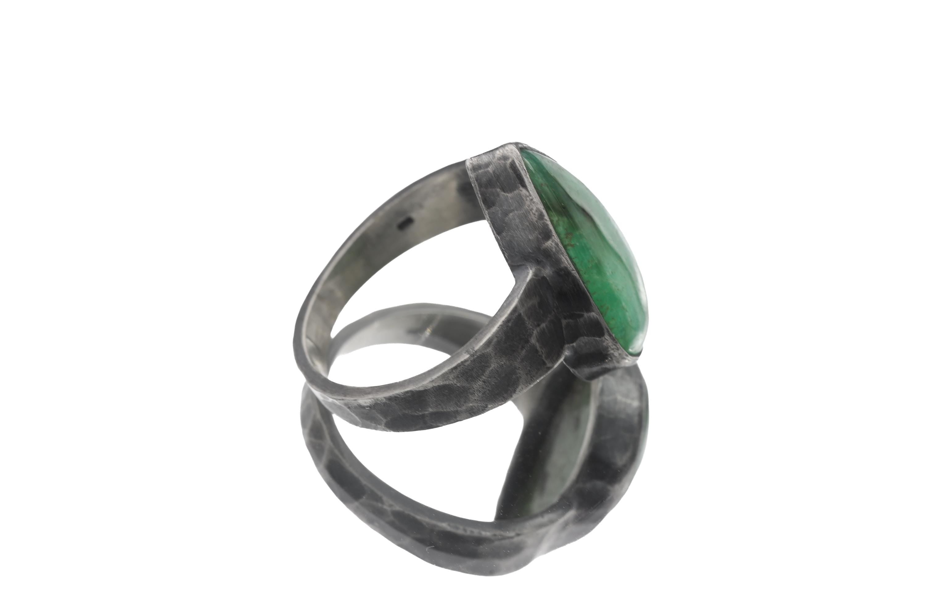 Side view of Australian Chrysoprase ring showing hand-formed bezel, wide hammered band, and oxidized sterling silver.