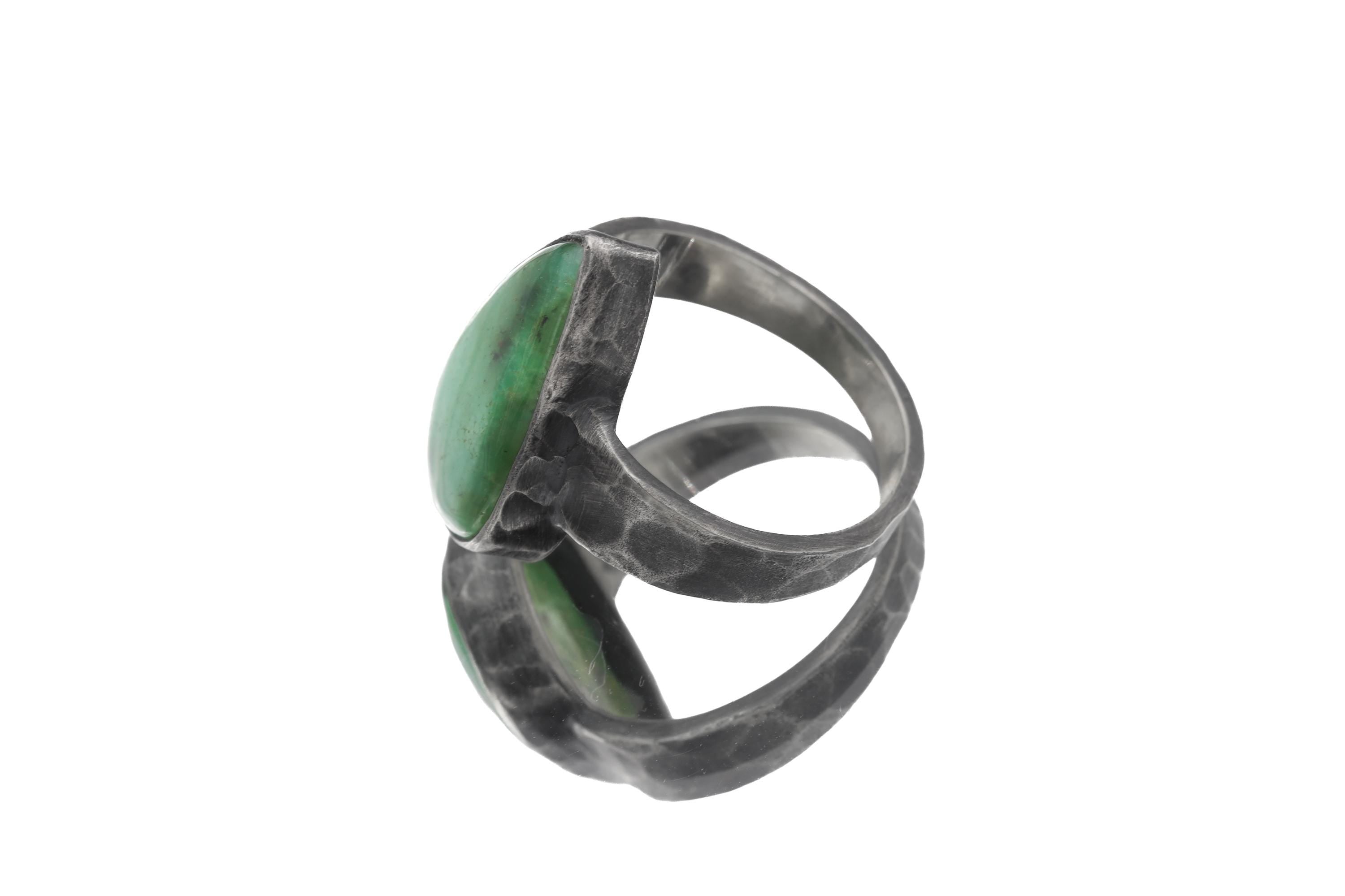 Chrysoprase Teardrop Ring, Hammered 925 Silver, Oxidized Gemstone Jewelry, Size 11