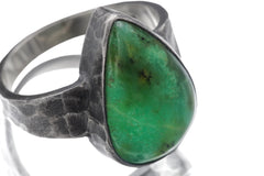 Large Australian Gemmy Chrysoprase Teardrop Cabochon Ring 925 Silver, Oxidised Hammer Texture Heart Chakra Healing Jewelry, Christmas Gift