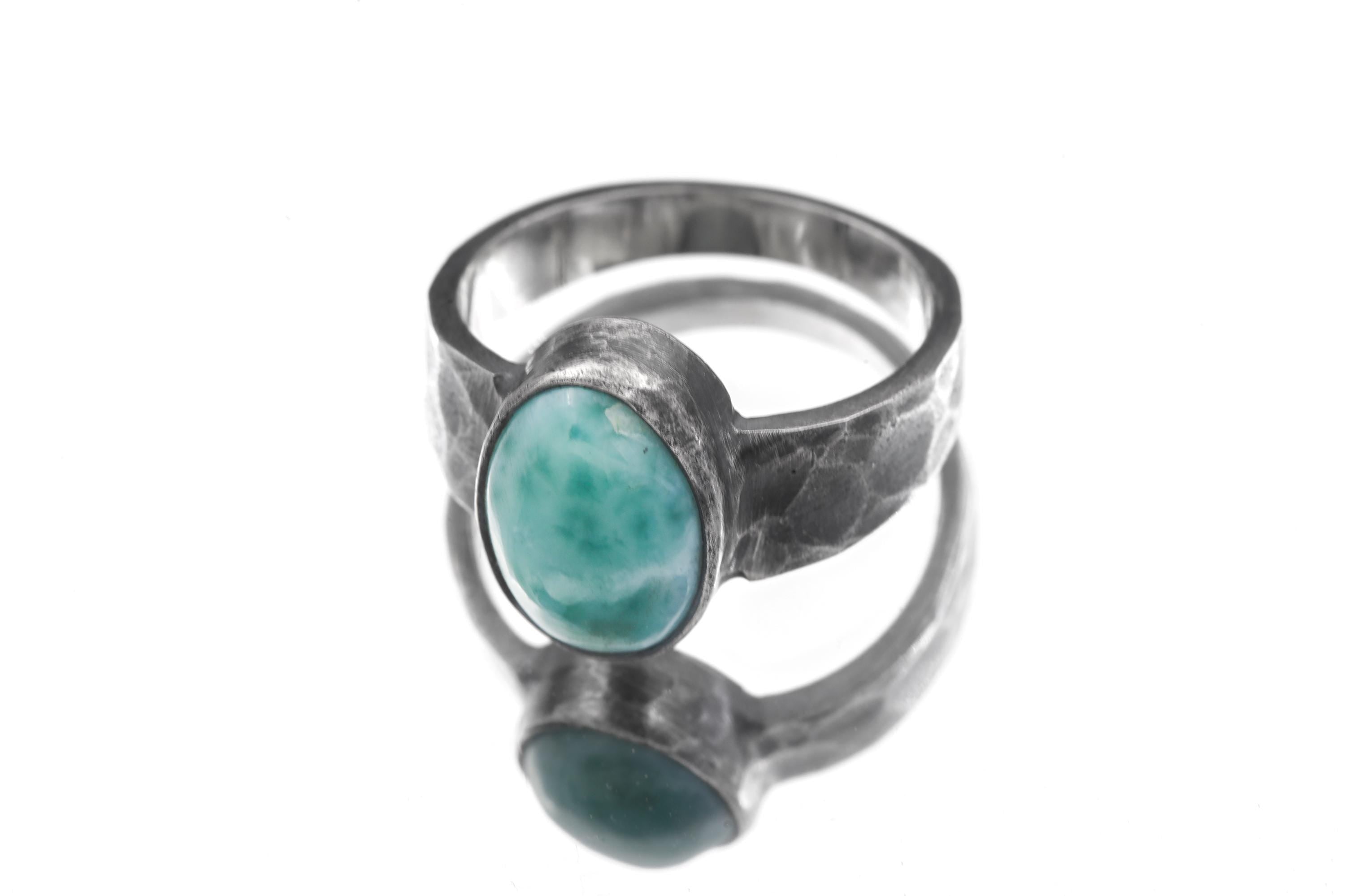 Larimar Ring 925 Sterling Silver Mens Size 10 Oval Cabochon Oxidized Hammered Band Throat Chakra Jewelry Gift
