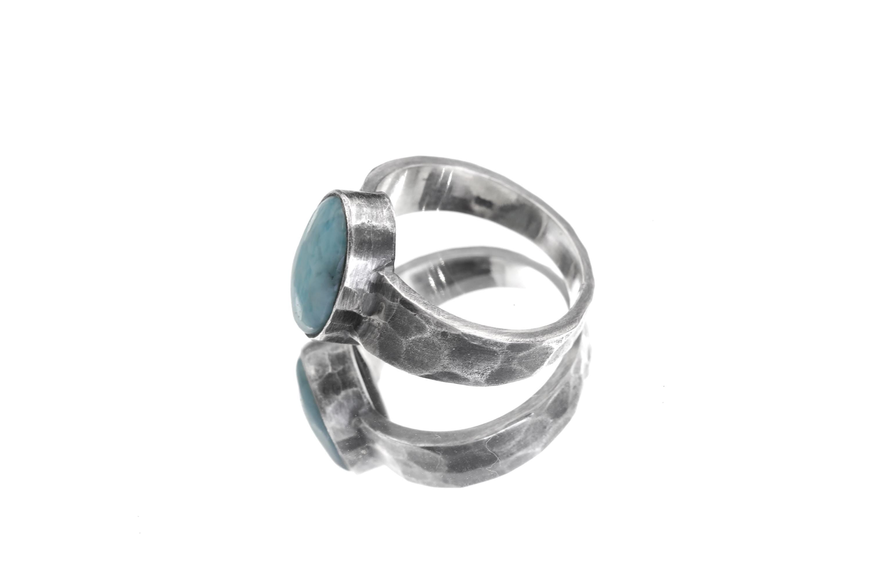 Grade AAA Larimar Cabochon Ring Sterling Silver Hammered Band Blue Pectolite Throat Chakra Talisman Jewelry Size 10 US