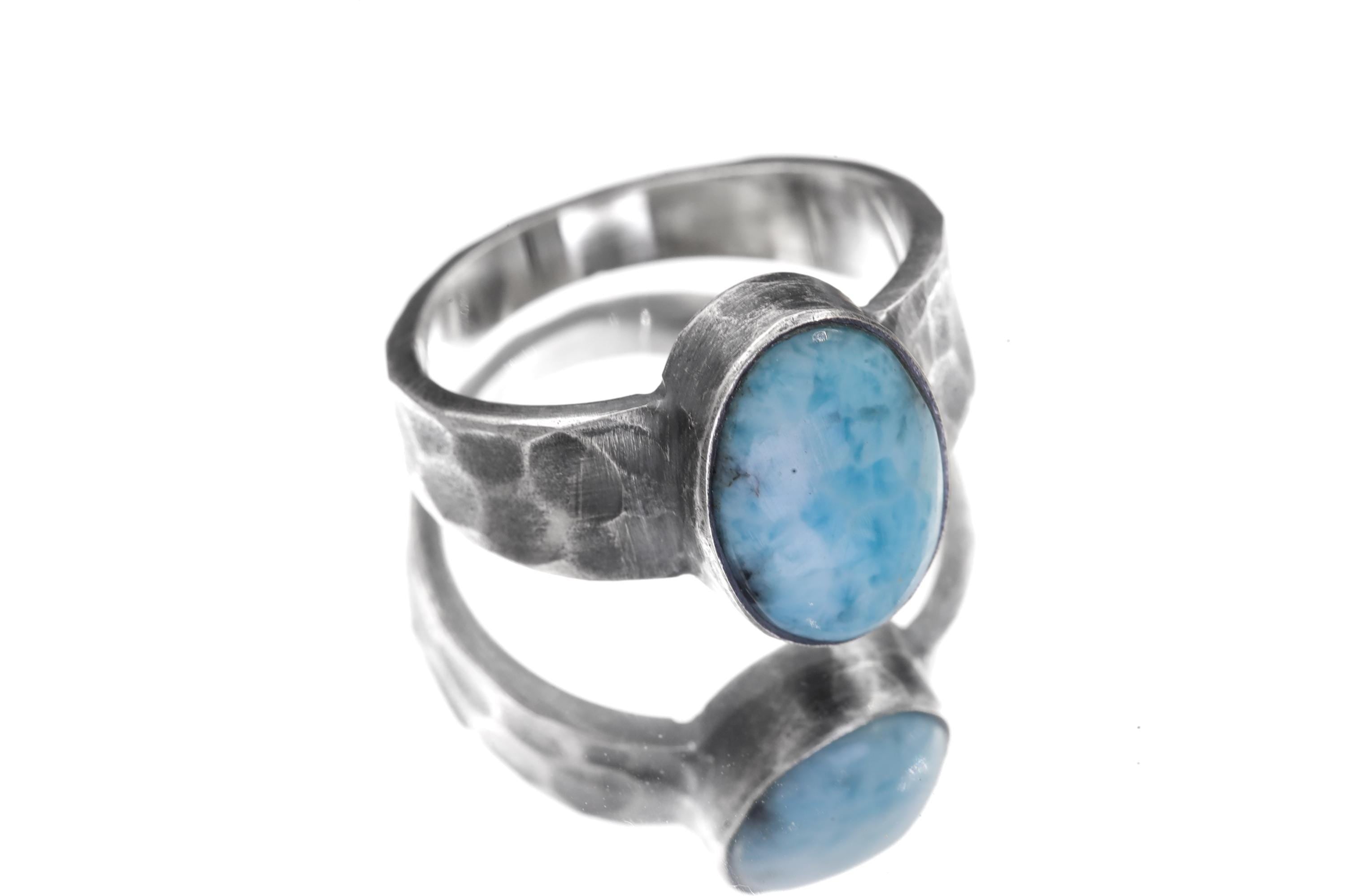 Grade AAA Larimar Cabochon Ring Sterling Silver Hammered Band Blue Pectolite Throat Chakra Talisman Jewelry Size 10 US
