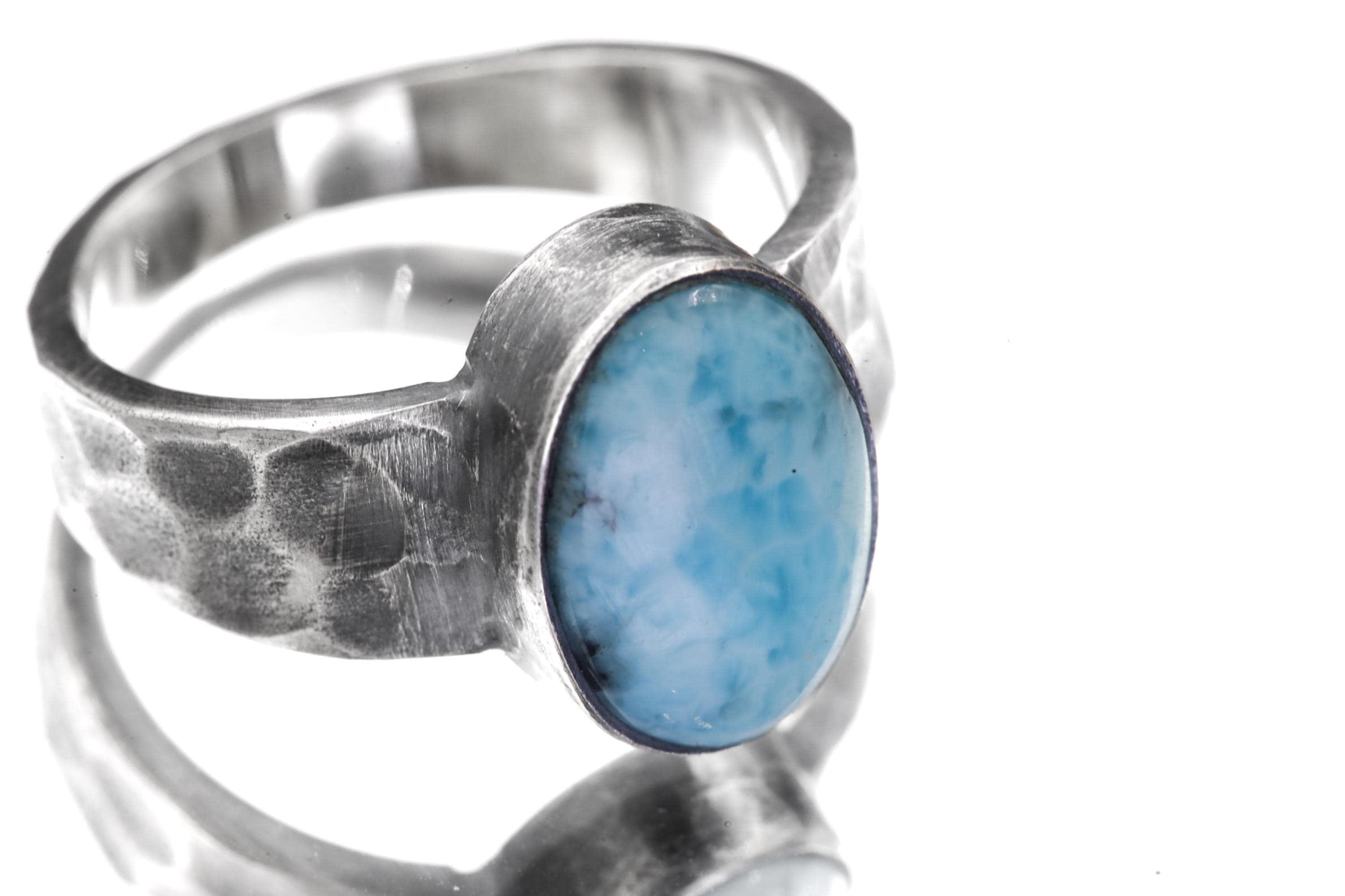 Grade AAA Larimar Cabochon Ring Sterling Silver Hammered Band Blue Pectolite Throat Chakra Talisman Jewelry Size 10 US