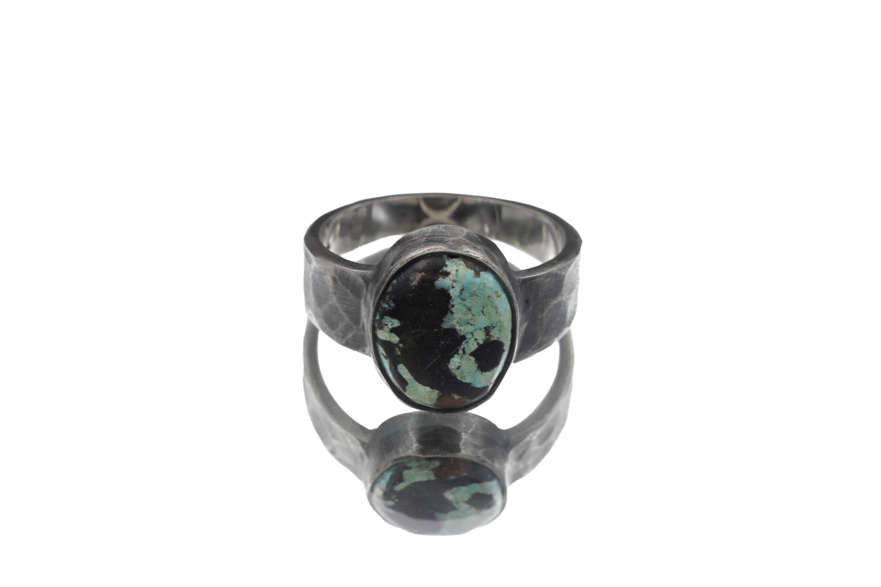 Tibetan Turquoise Ring, Oxidized Sterling Silver Hammered Band, Mens Size 10