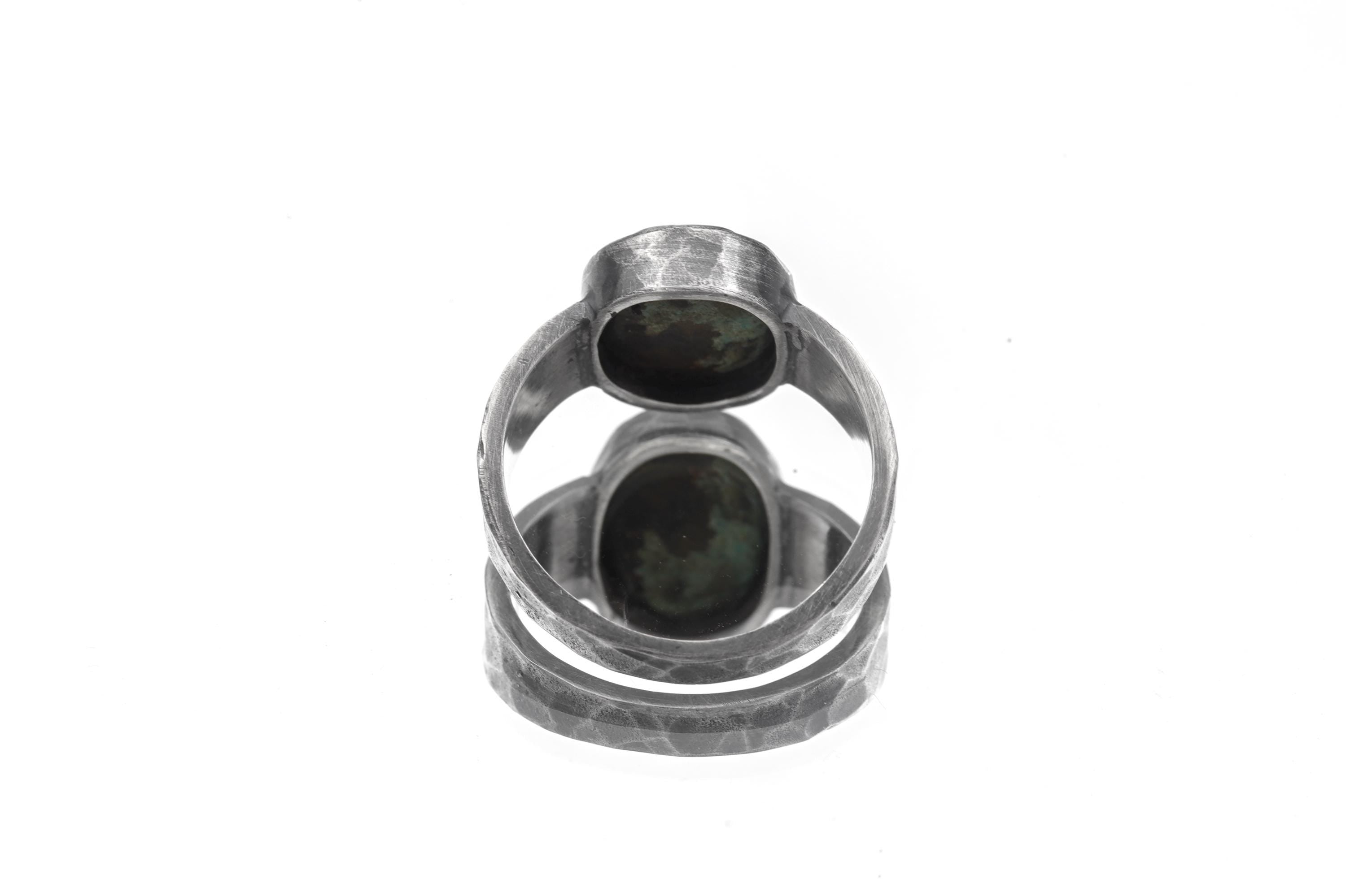 Tibetan Turquoise Ring, Oxidized Sterling Silver Hammered Band, Mens Size 10