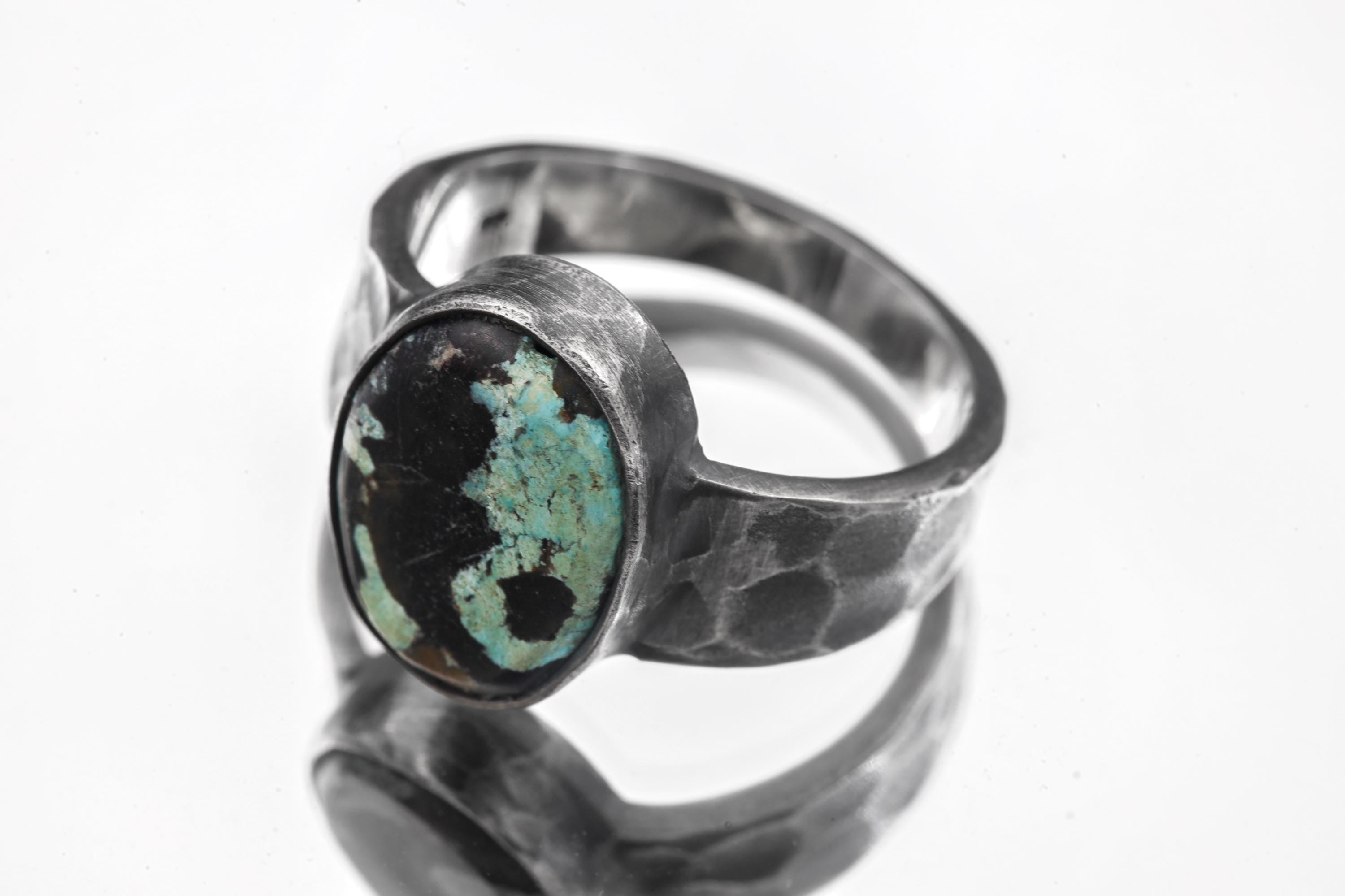 Tibetan Turquoise Ring 925 Sterling Silver Oxidized Hammered Mens Size 10 Throat Heart Chakra Gift