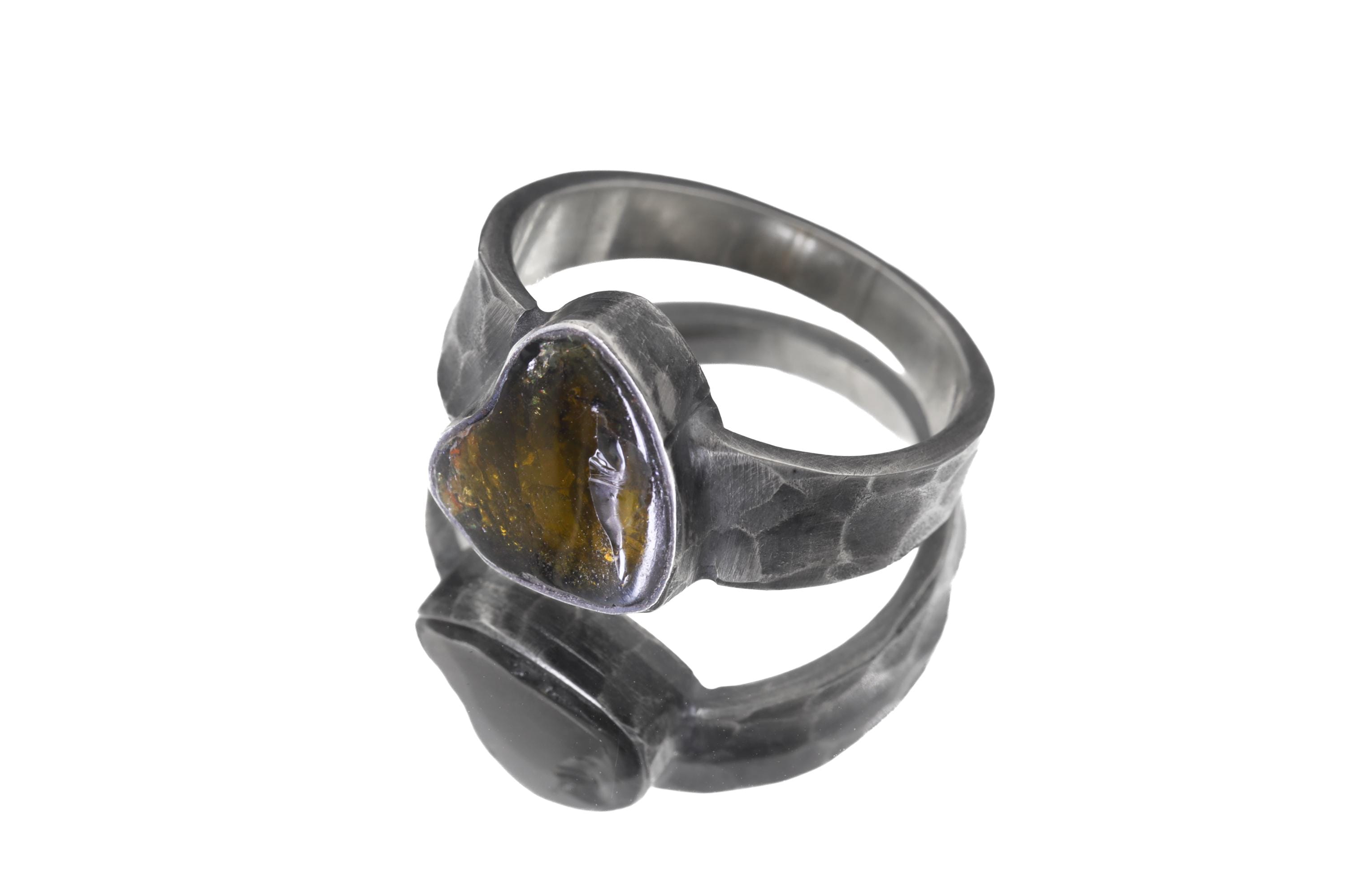 Freeform Polished Green Gem Tourmaline Slice Ring 925 Silver Oxidized Hammered Band Men Size 10 Heart Chakra Energy Gift