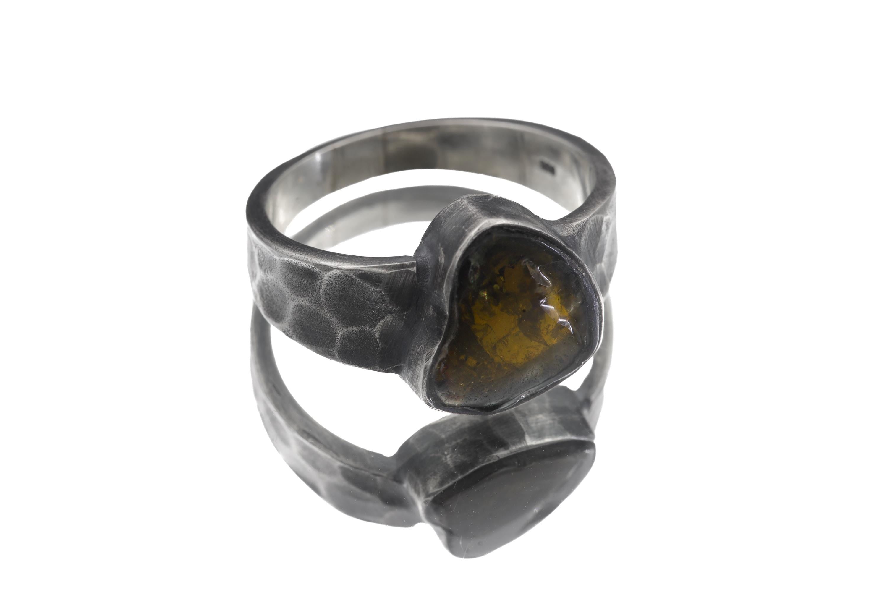 Green Tourmaline Ring 925 Sterling Silver Oxidized Hammered Mens Size 10 Heart Chakra Libra Capricorn Gift
