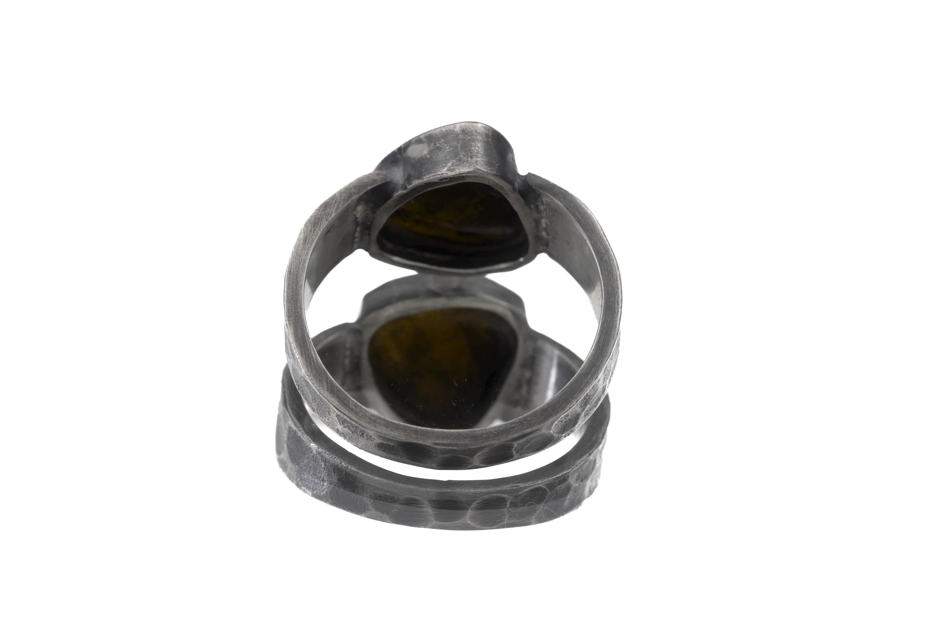 Freeform Polished Green Gem Tourmaline Slice Ring 925 Silver Oxidized Hammered Band Men Size 10 Heart Chakra Energy Gift