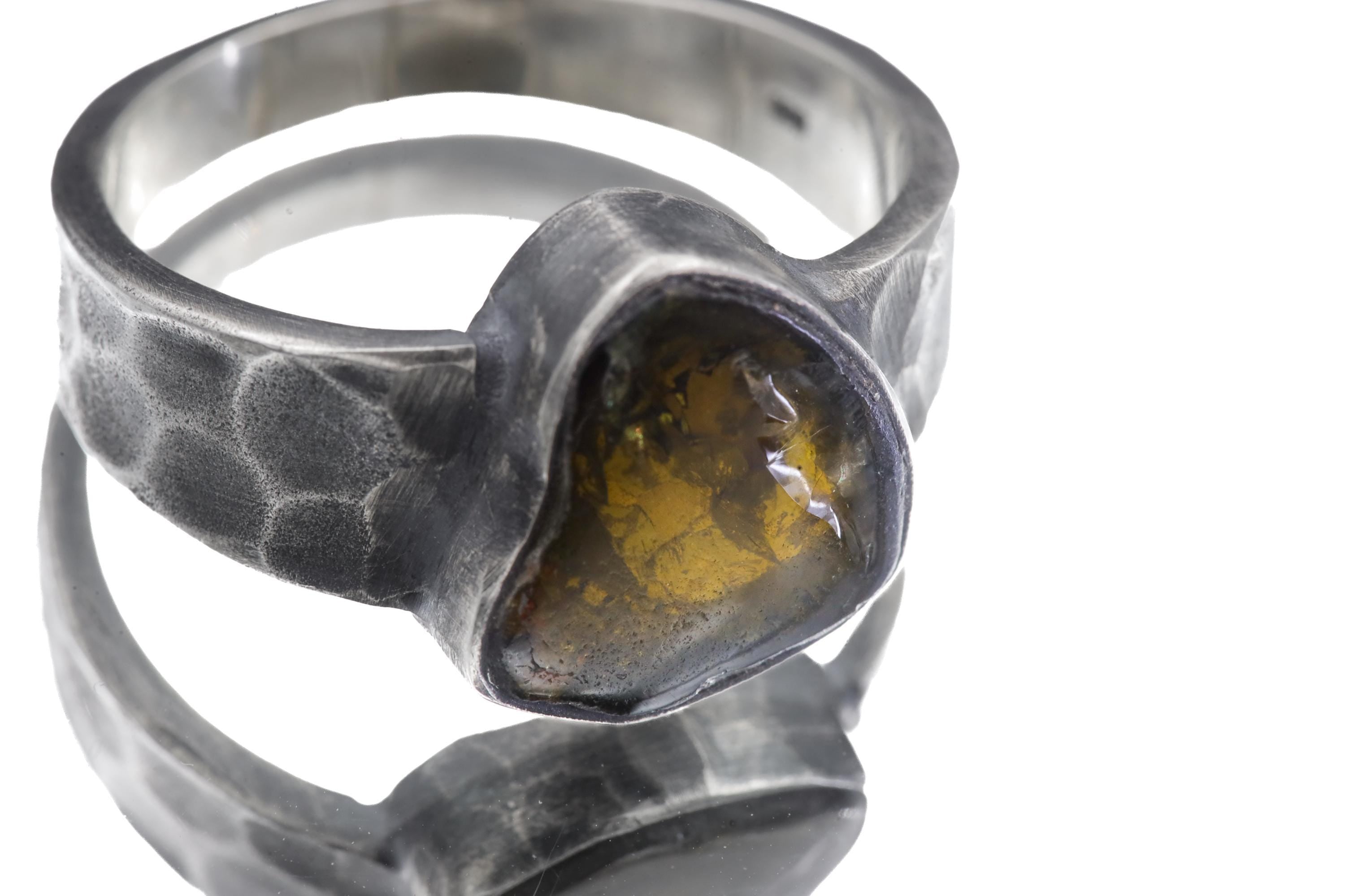 Freeform Polished Green Gem Tourmaline Slice Ring 925 Silver Oxidized Hammered Band Men Size 10 Heart Chakra Energy Gift