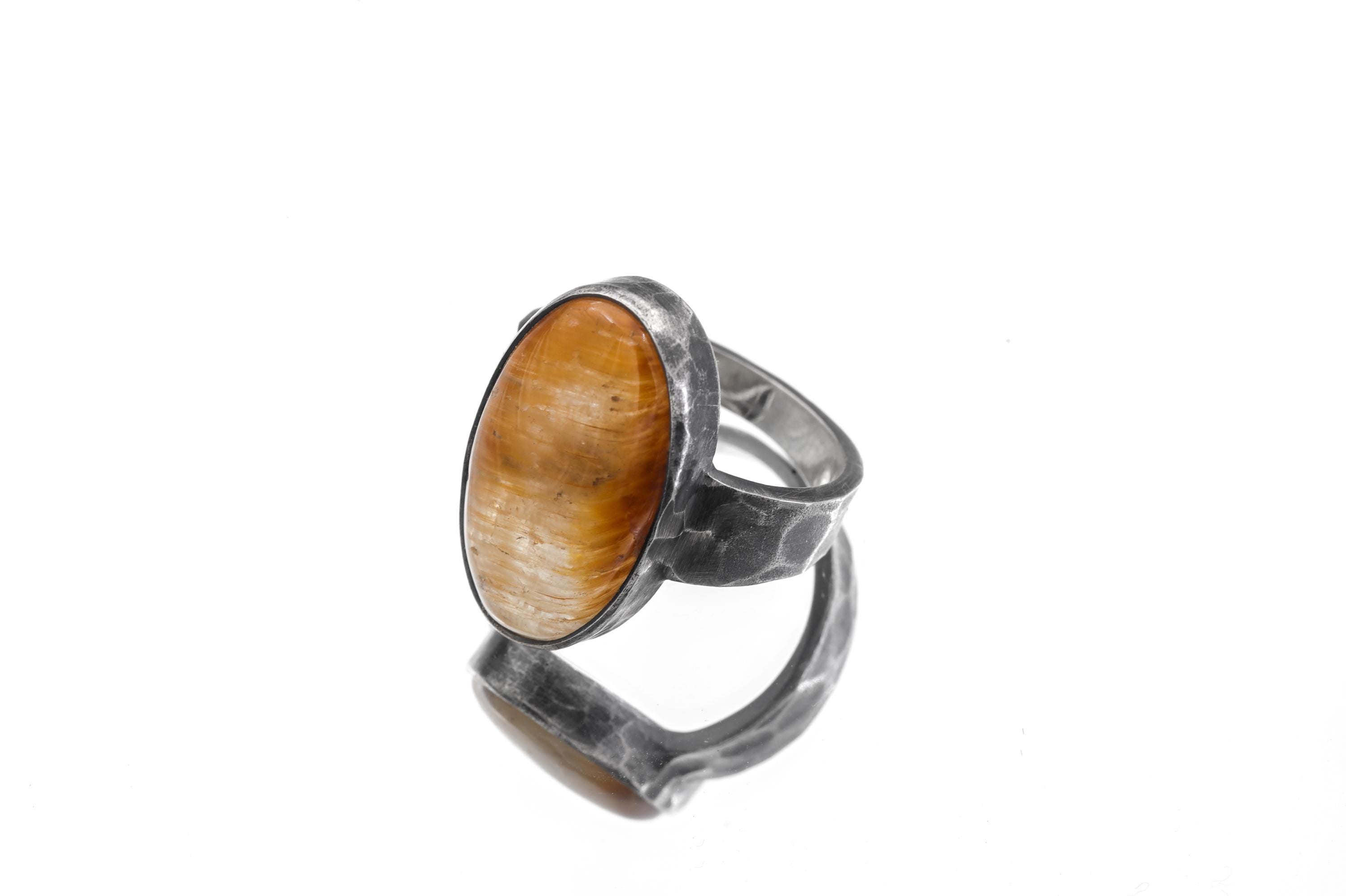 Golden Rutile Quartz Ring Sterling Silver Oxidized Hammered Band Clear Quartz Solar Plexus Talisman Gift Size 9 US
