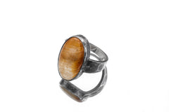 Golden Rutile Quartz Ring Sterling Silver Oxidized Hammered Band Clear Quartz Solar Plexus Talisman Gift Size 9 US