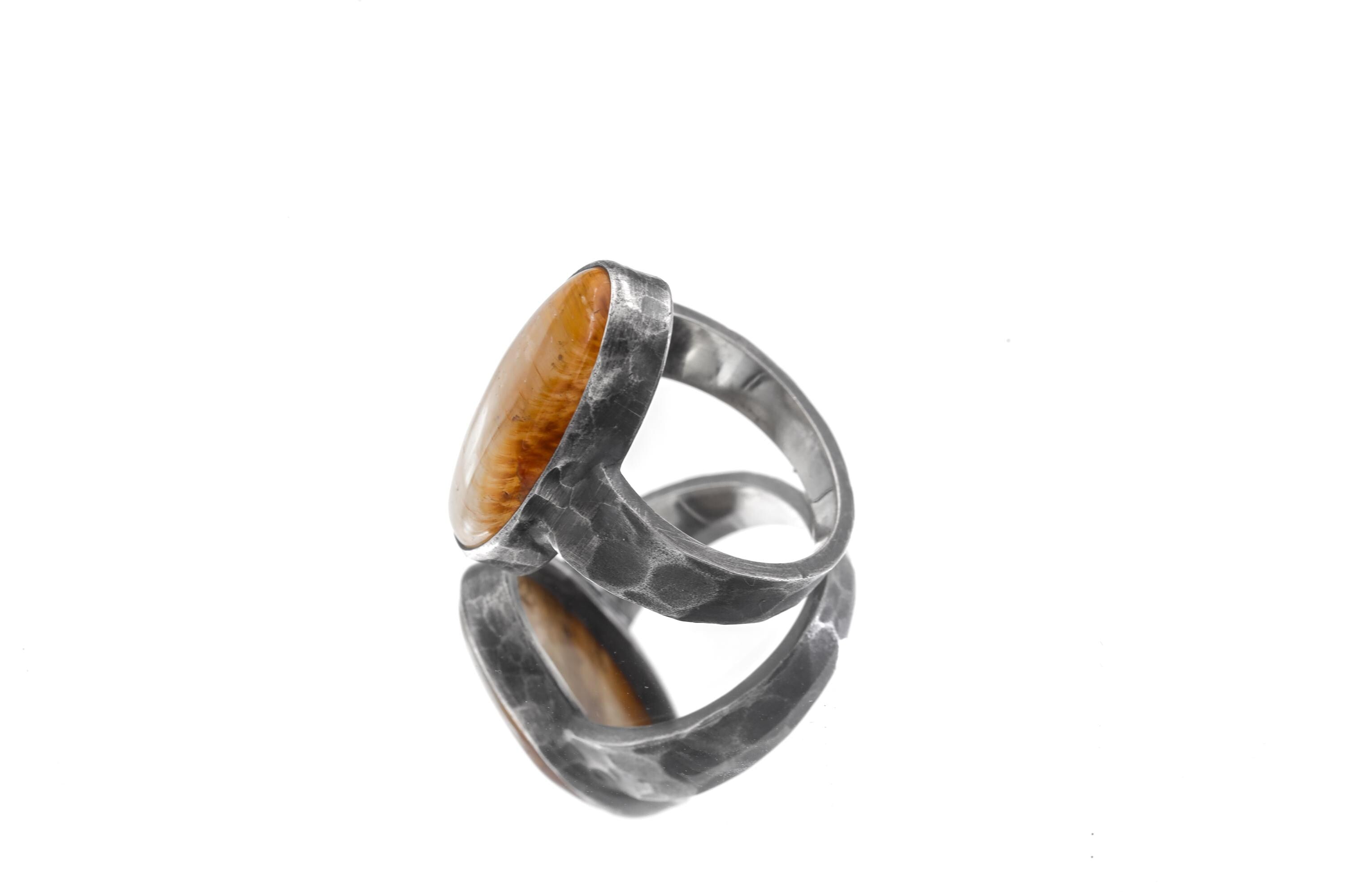 Golden Rutile Quartz Ring Sterling Silver Oxidized Hammered Band Clear Quartz Solar Plexus Talisman Gift Size 9 US