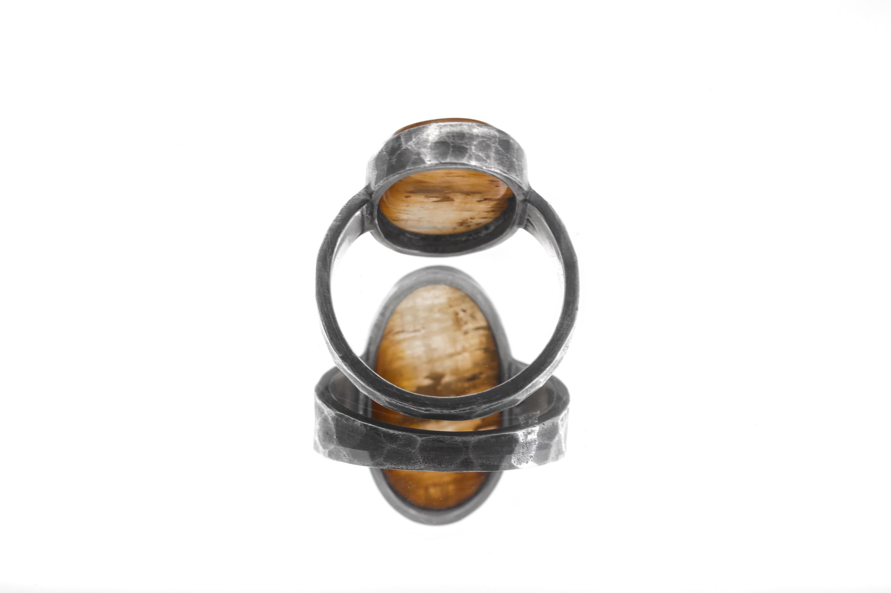Golden Rutile Quartz Ring Sterling Silver Oxidized Hammered Band Clear Quartz Solar Plexus Talisman Gift Size 9 US