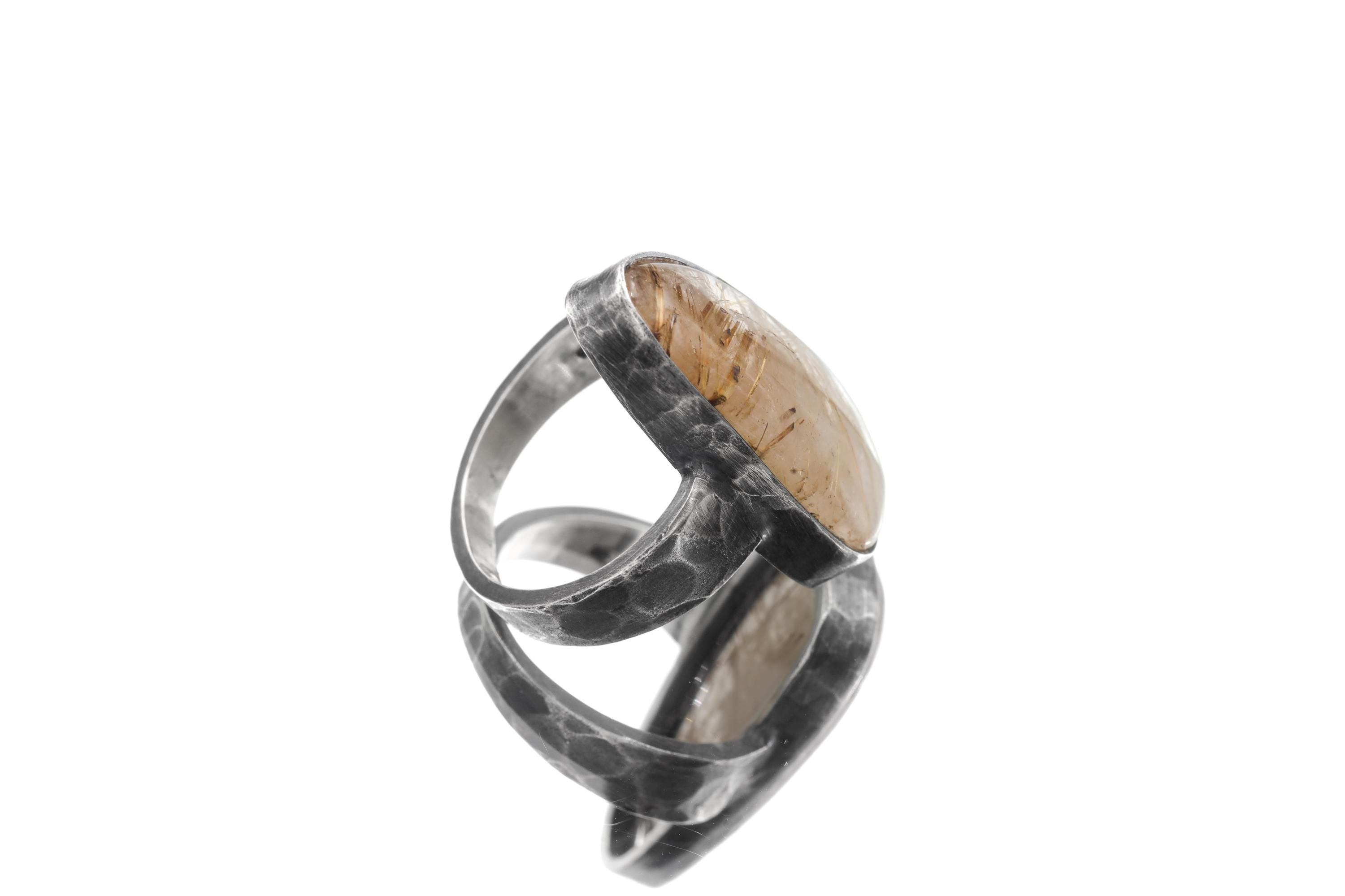 Golden Rutile Quartz 925 Silver Ring, Hammered Oxidized Setting, Men's Size 9