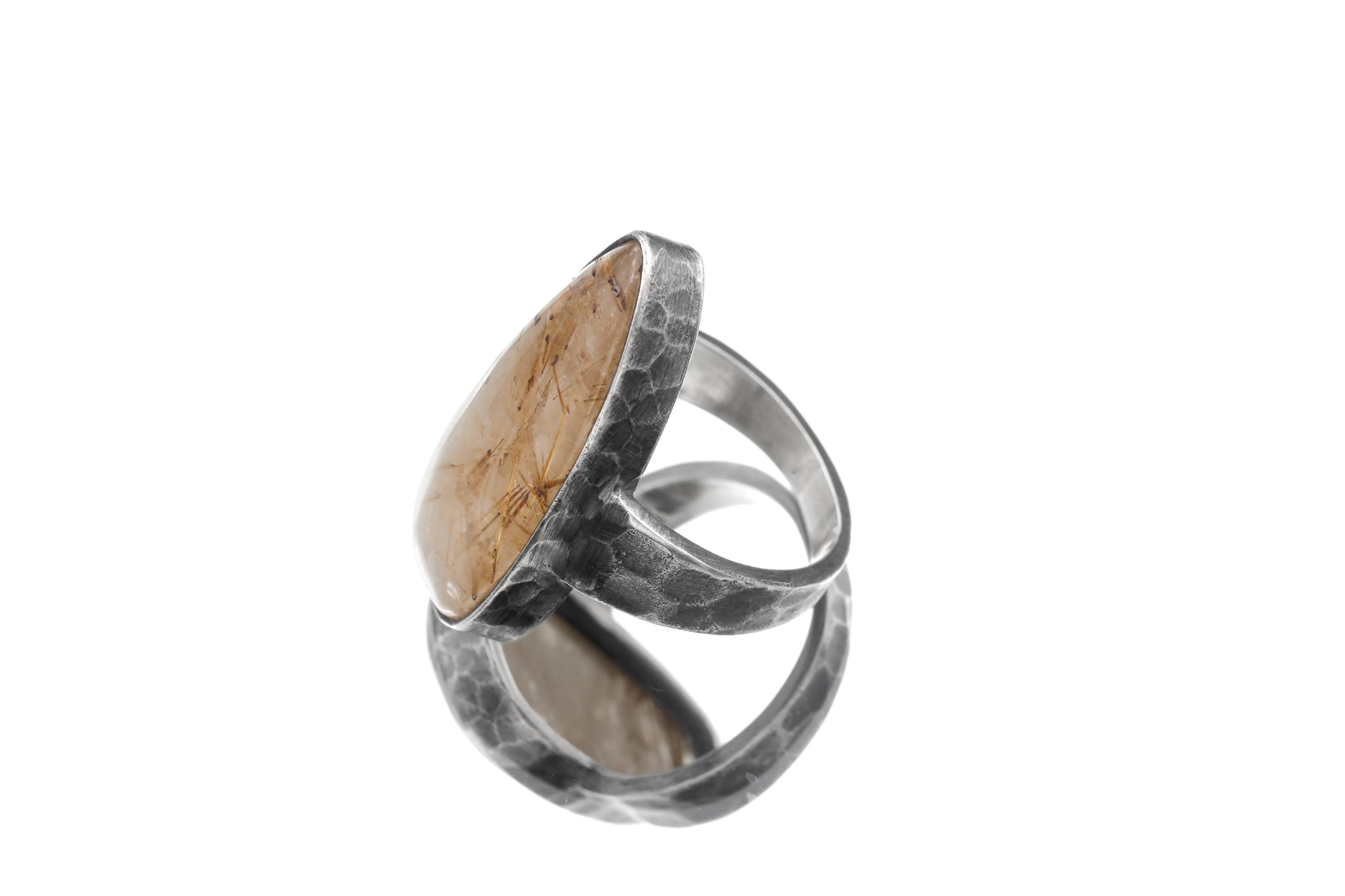 Golden Rutile Quartz 925 Silver Ring, Hammered Oxidized Setting, Men's Size 9
