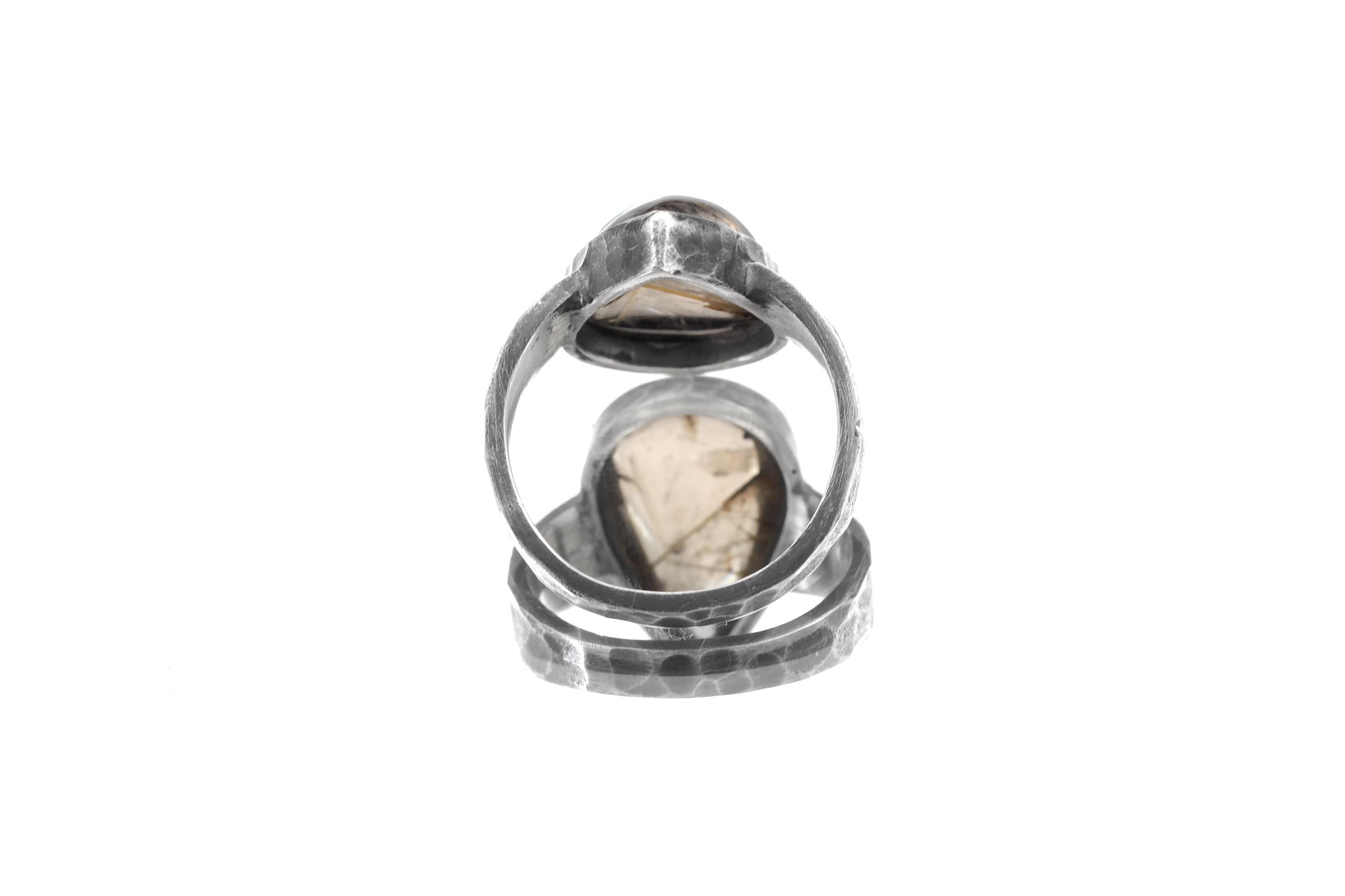 Smoky Quartz Rutile Teardrop Ring, Hammered Oxidized 925 Silver, Size 9