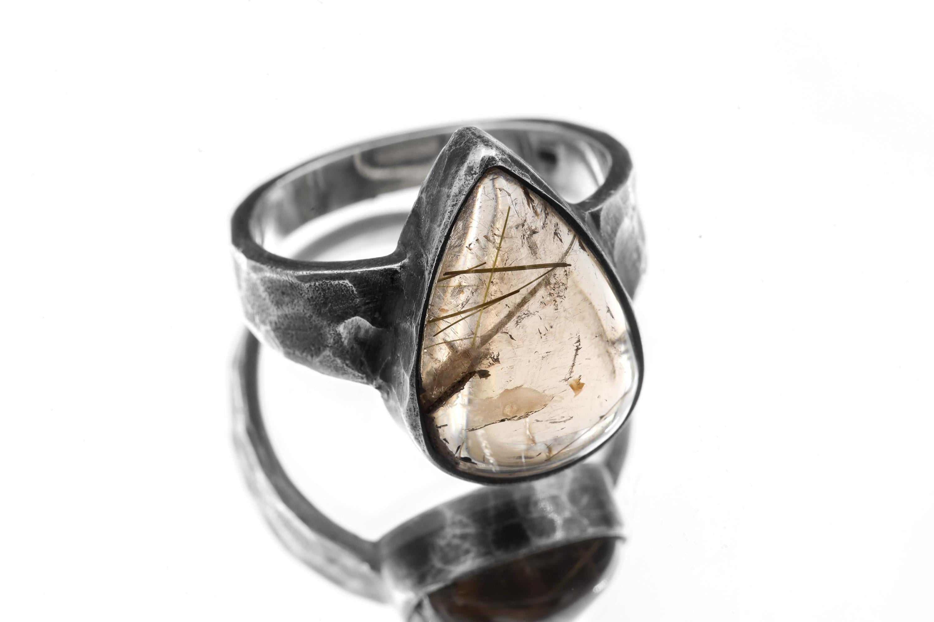 Smoky Quartz Rutile Ring 925 Sterling Silver Mens Size 9 Teardrop Cabochon Oxidized Hammered Band Jewelry Gift