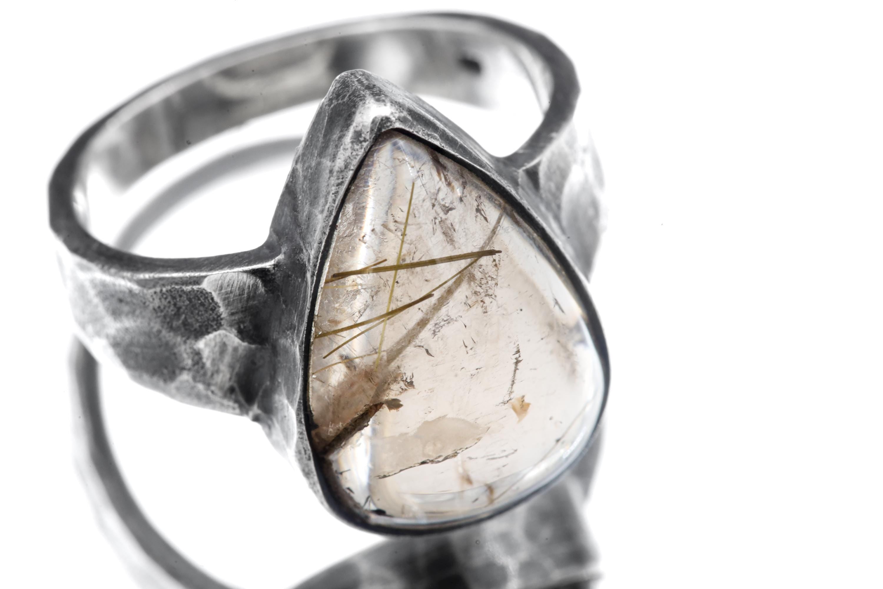 Smoky Quartz Rutile Teardrop Ring, Hammered Oxidized 925 Silver, Size 9