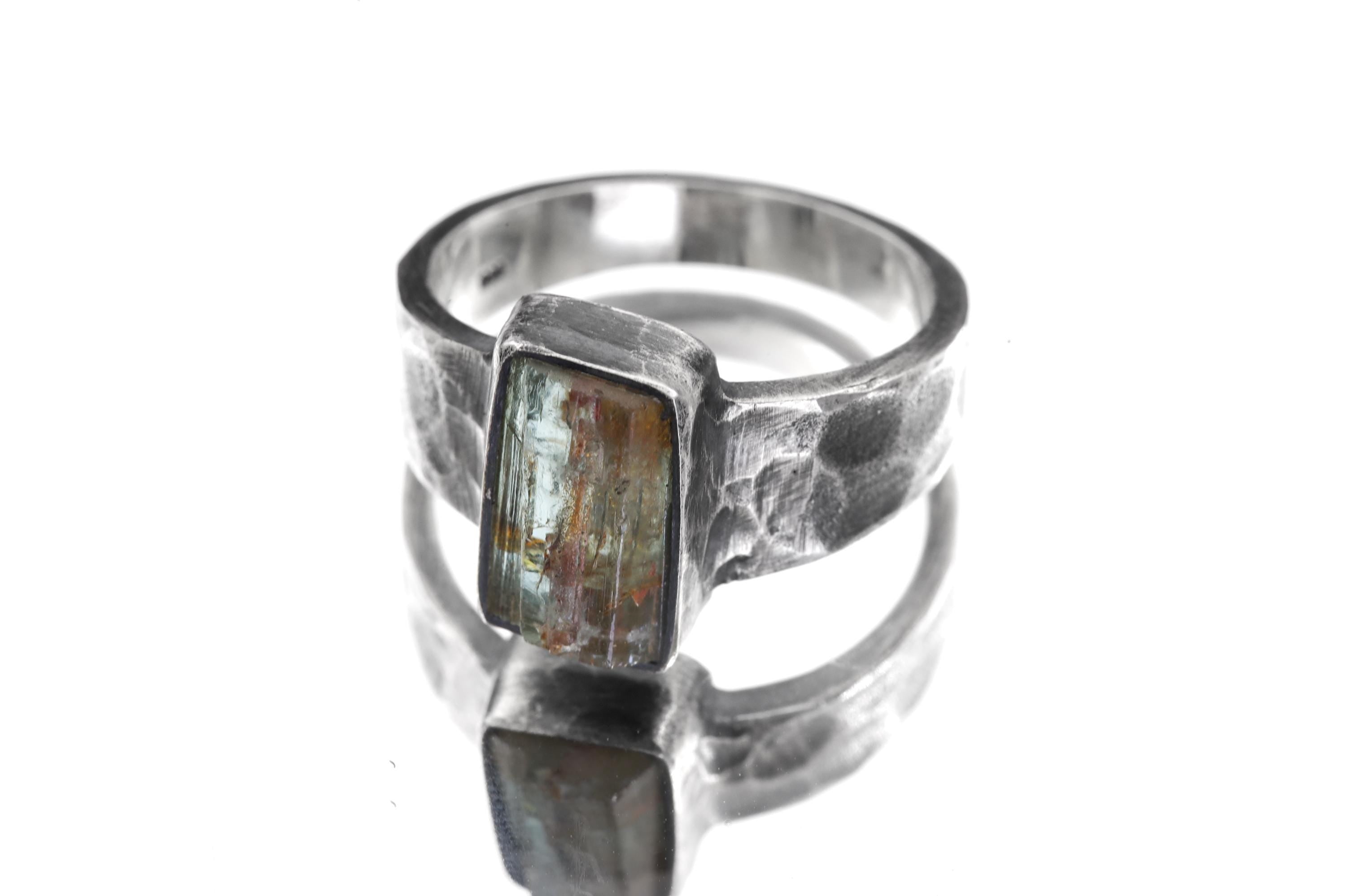 Australian Aquamarine Ring, Size 9, Hammered Oxidized 925 Silver