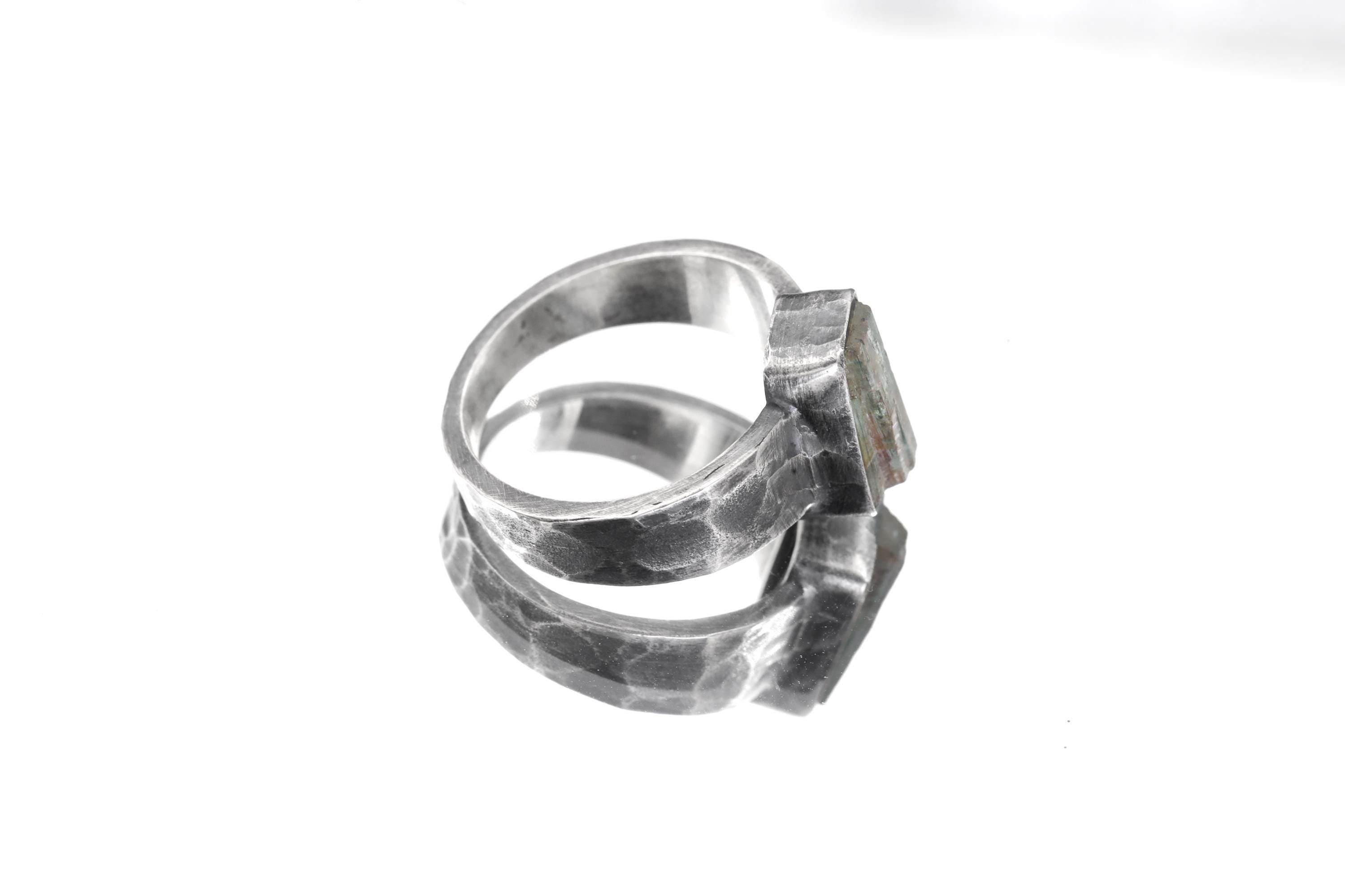 Australian Aquamarine Ring, Size 9, Hammered Oxidized 925 Silver