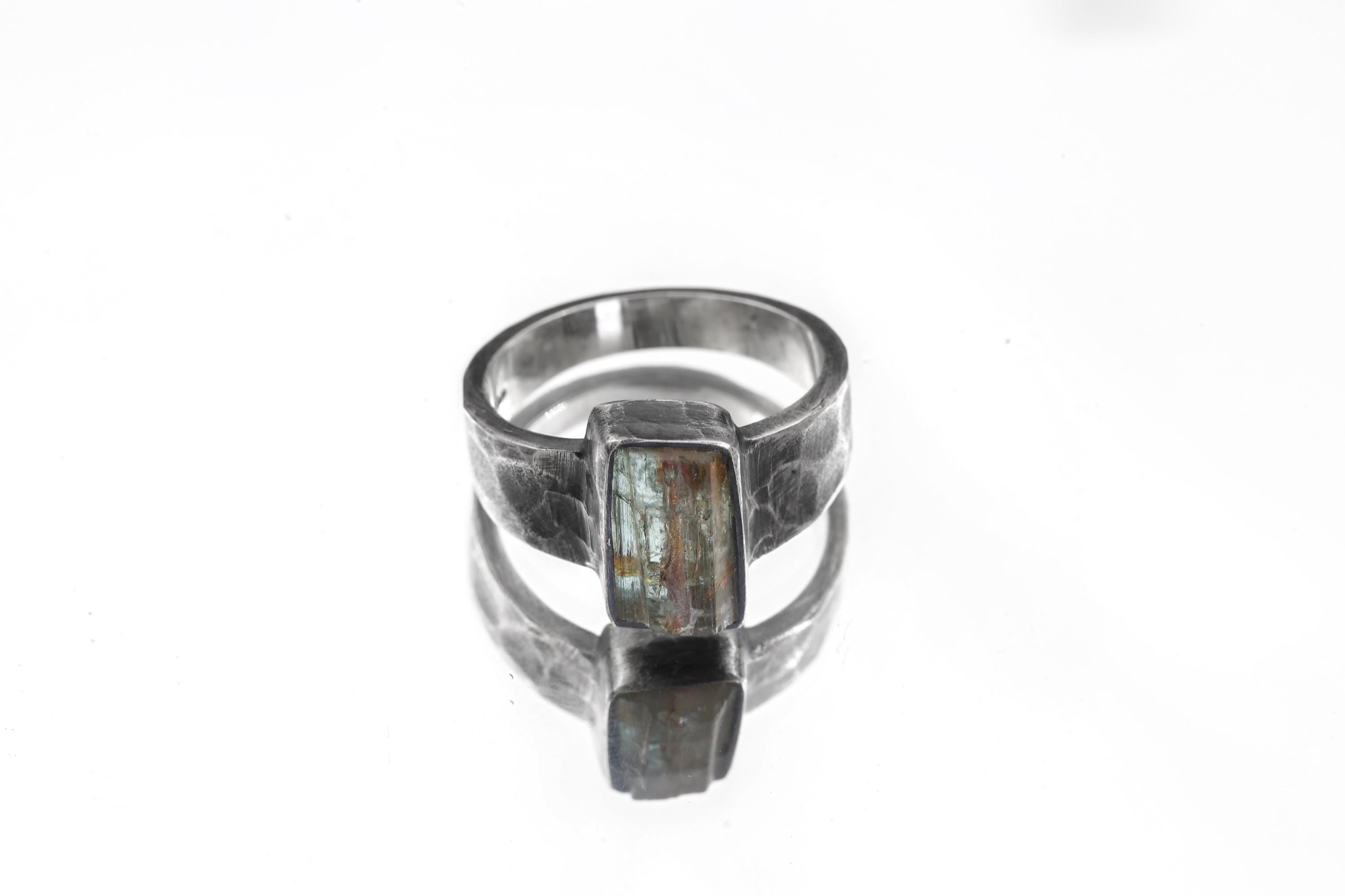 Australian Aquamarine Ring, Size 9, Hammered Oxidized 925 Silver