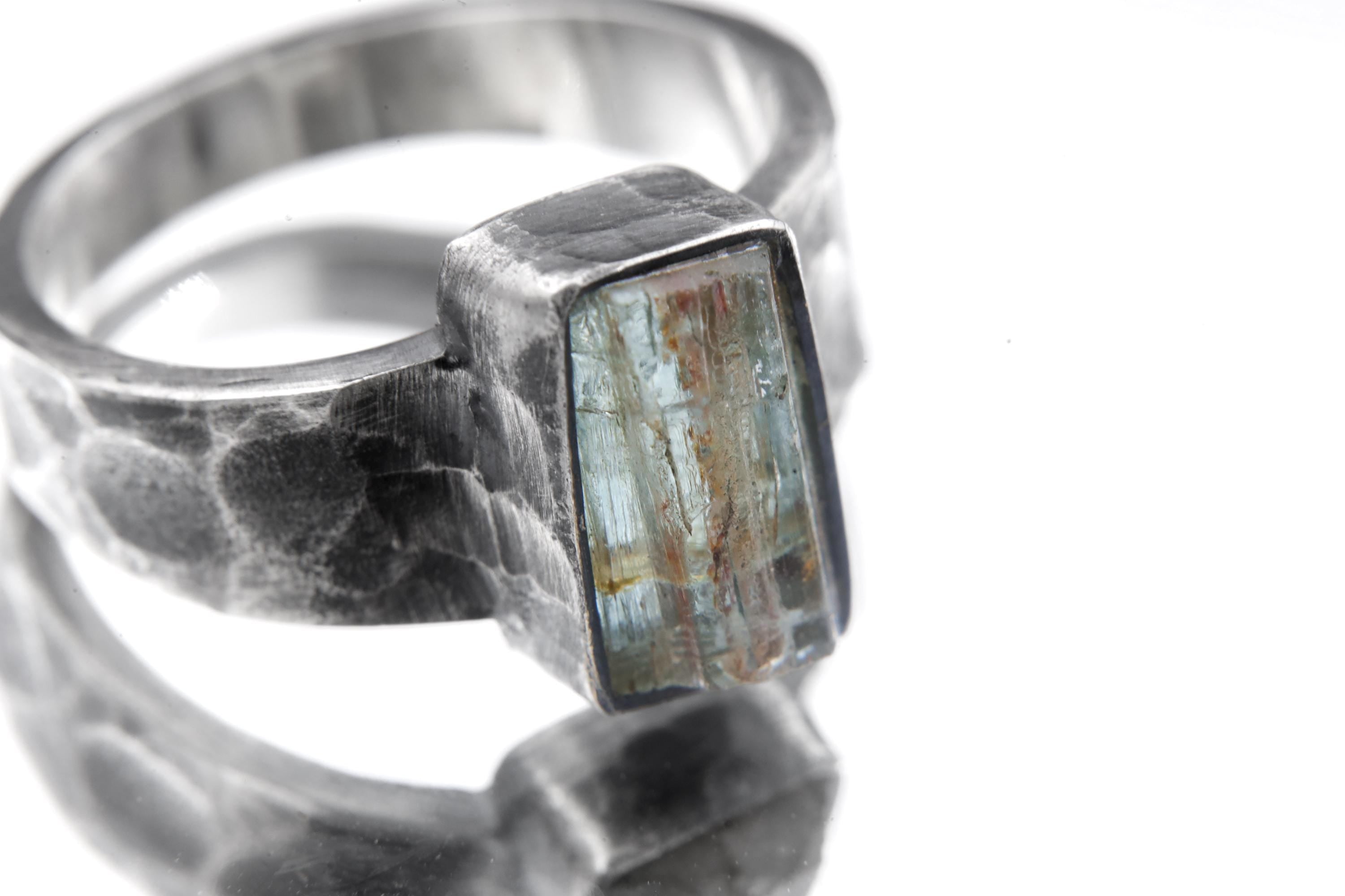 Australian Aquamarine Ring, Size 9, Hammered Oxidized 925 Silver