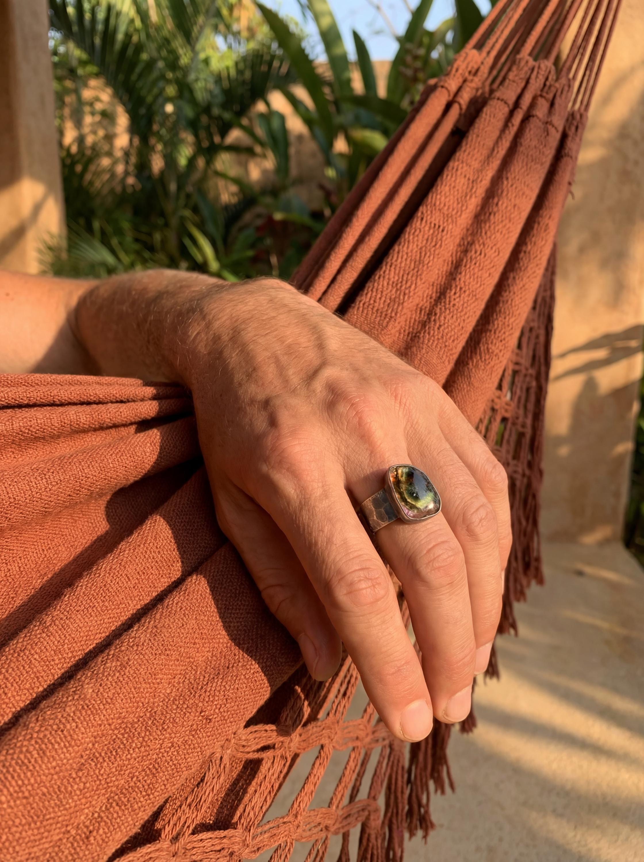 Natural polished Watermelon tourmaline slice of wand with rind Ring Hammered Oxidised Silver High Grade Stone Crystal Energy Christmas Gift