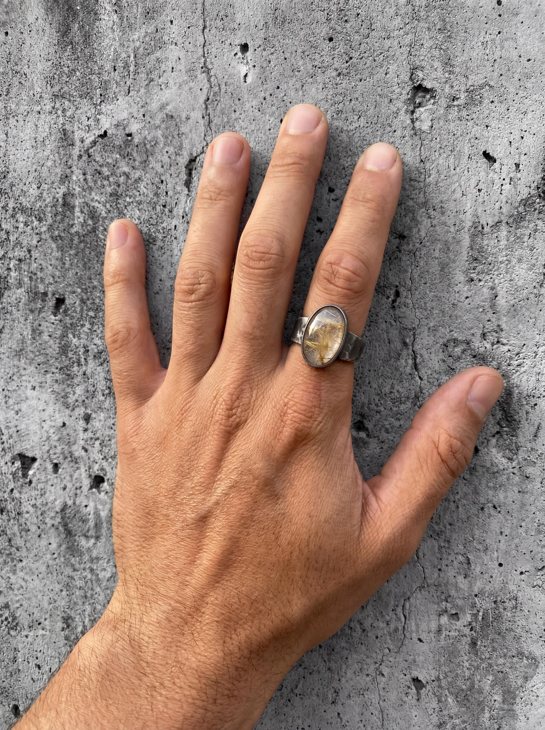 Gold Rutilated (Angle Hair) Clear Quartz Ring 925 Silver Oval Cabochon High Grade Stone Hammered Oxidised Band Solar Plexus Chakra Jewelry