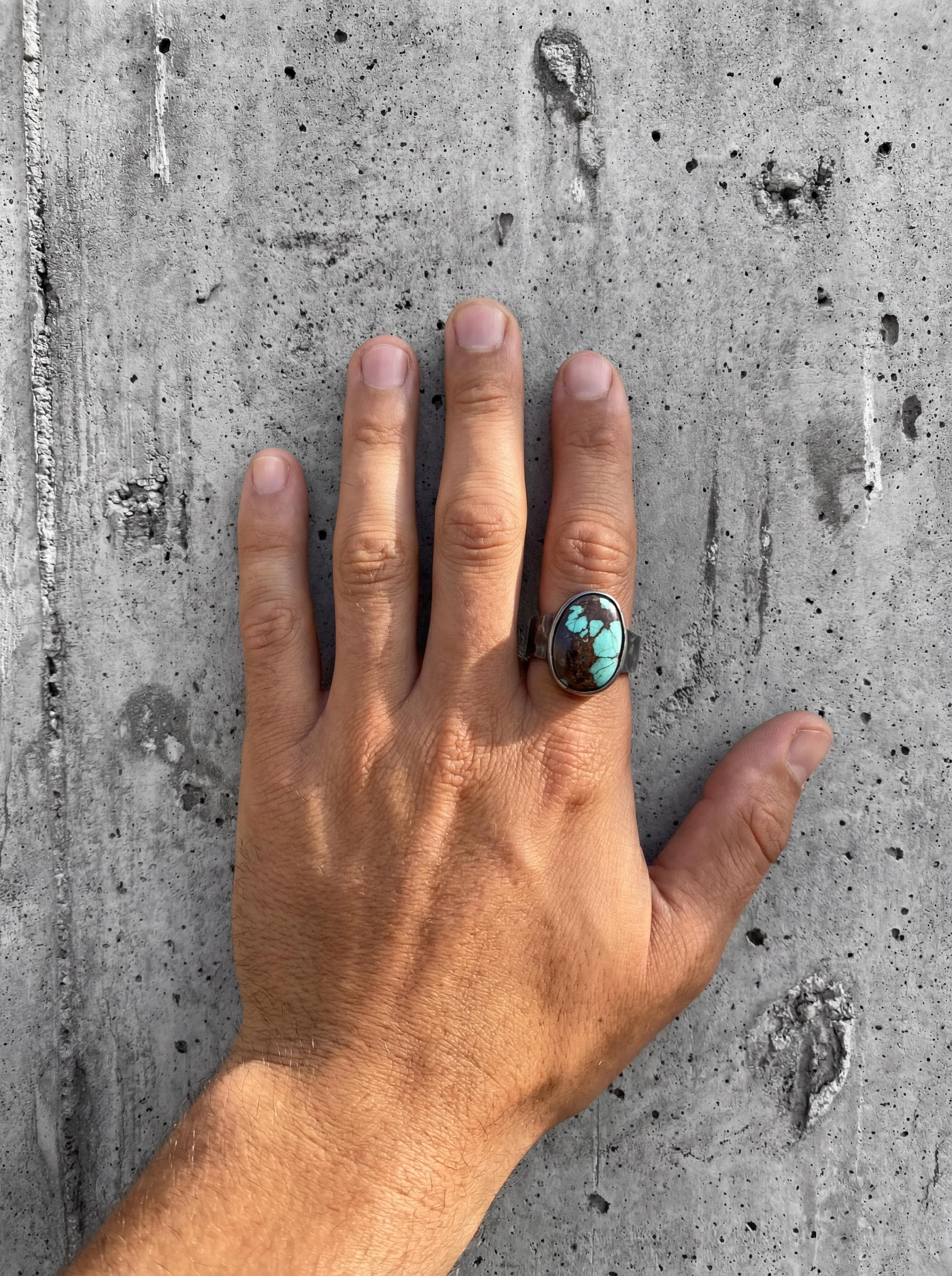 Old World Tibetan Turquoise Oval Cabochon from Trade Bead Ring Size 11 925 Silver Hammered Band Oxidised Finish Raw Men’s Jewelry