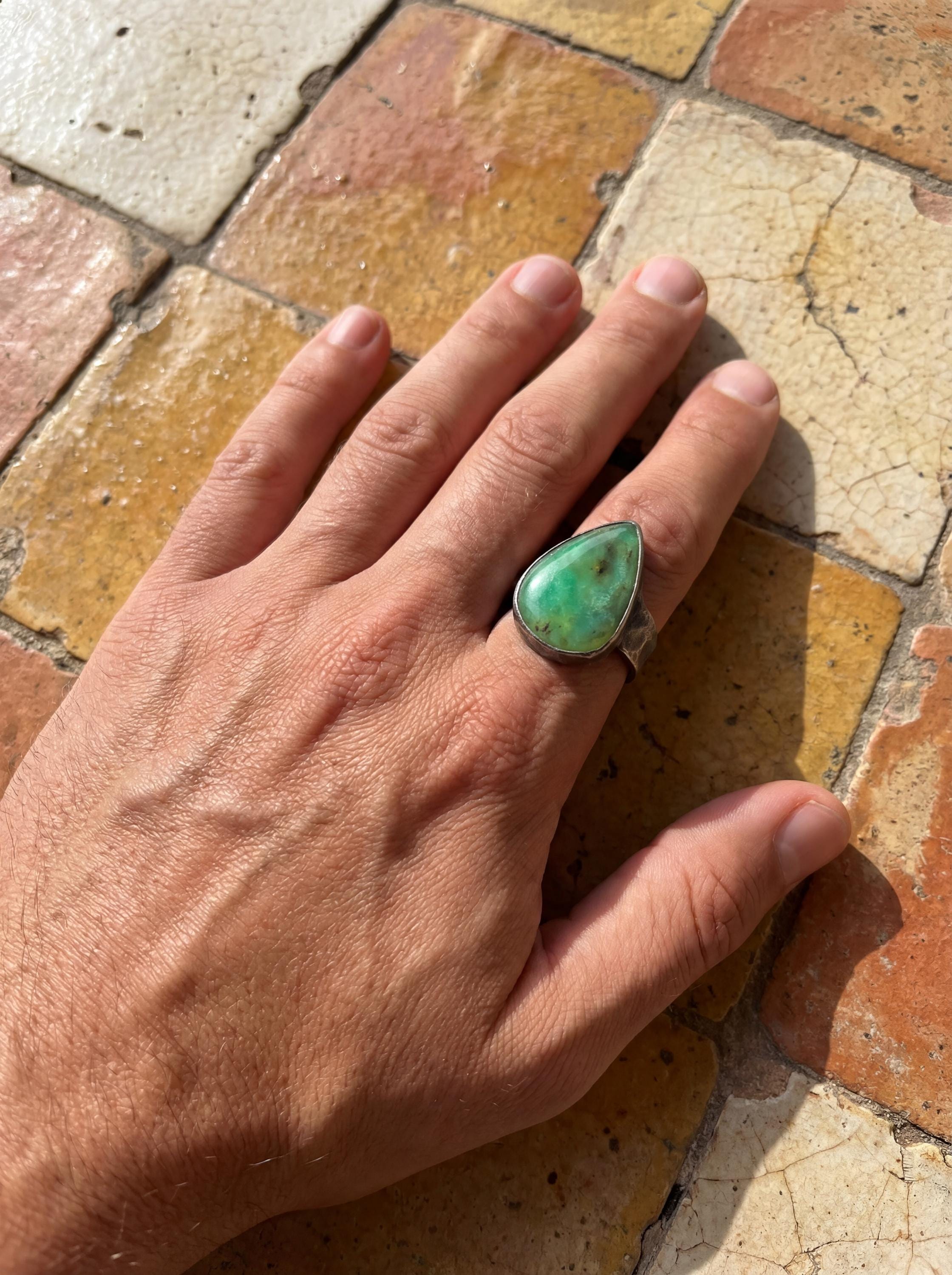 Chrysoprase Teardrop Ring, Hammered 925 Silver, Oxidized Gemstone Jewelry, Size 11