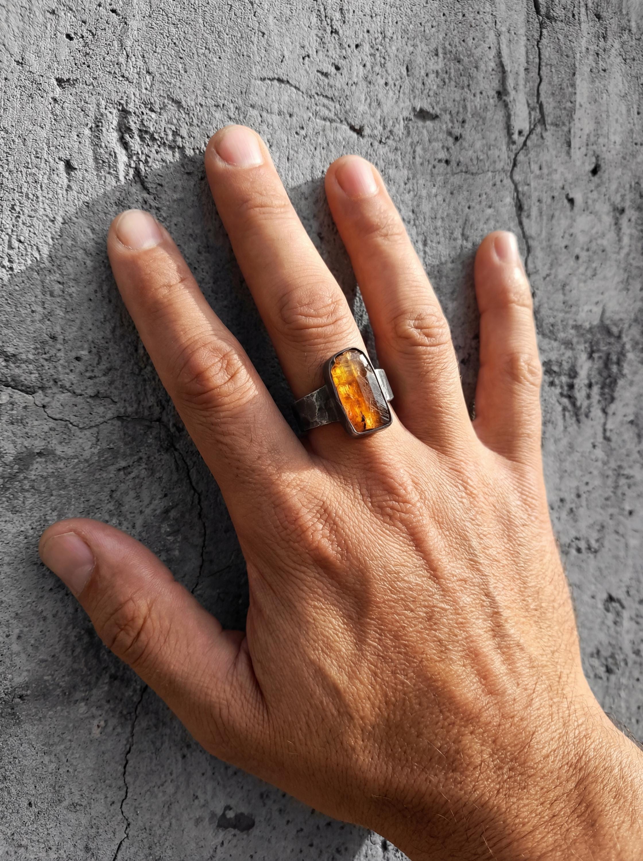 Natural Raw Orange Gem Kyanite Specimen 925 Silver Oxidised Hammered Band High Grade Stone Men’s Jewelry Solar Plexus Energy