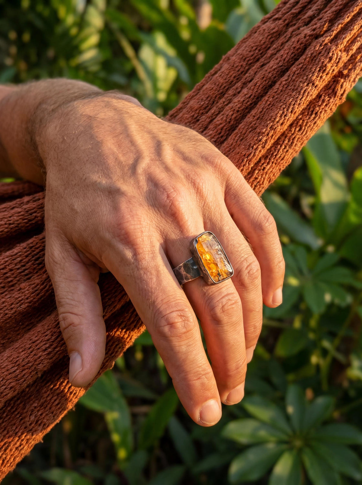 Natural Raw Orange Gem Kyanite Specimen 925 Silver Oxidised Hammered Band High Grade Stone Men’s Jewelry Solar Plexus Energy