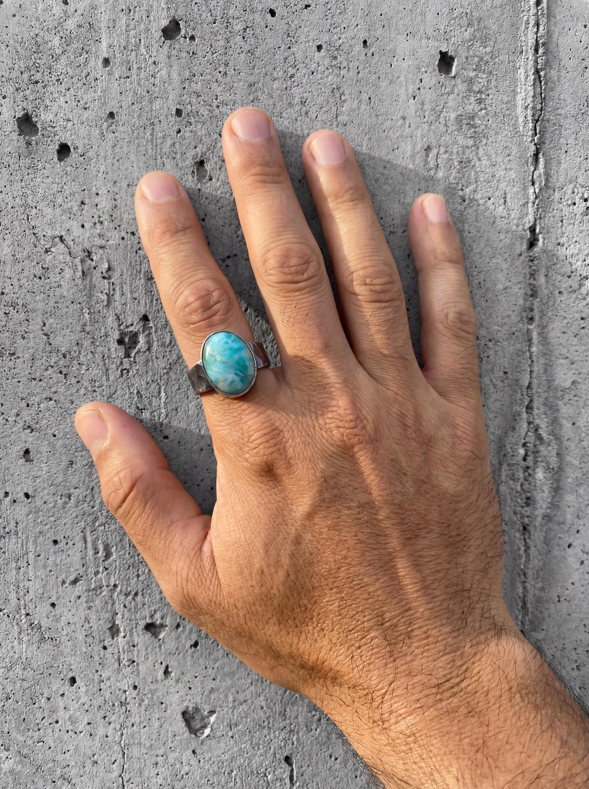 AAA Grade Larimar Pectolite Dolphin Stone Oval Cabochon Ring 925 Silver Hammered Oxidized Men’s Ring Size 10 Throat Chakra Energy Jewelry
