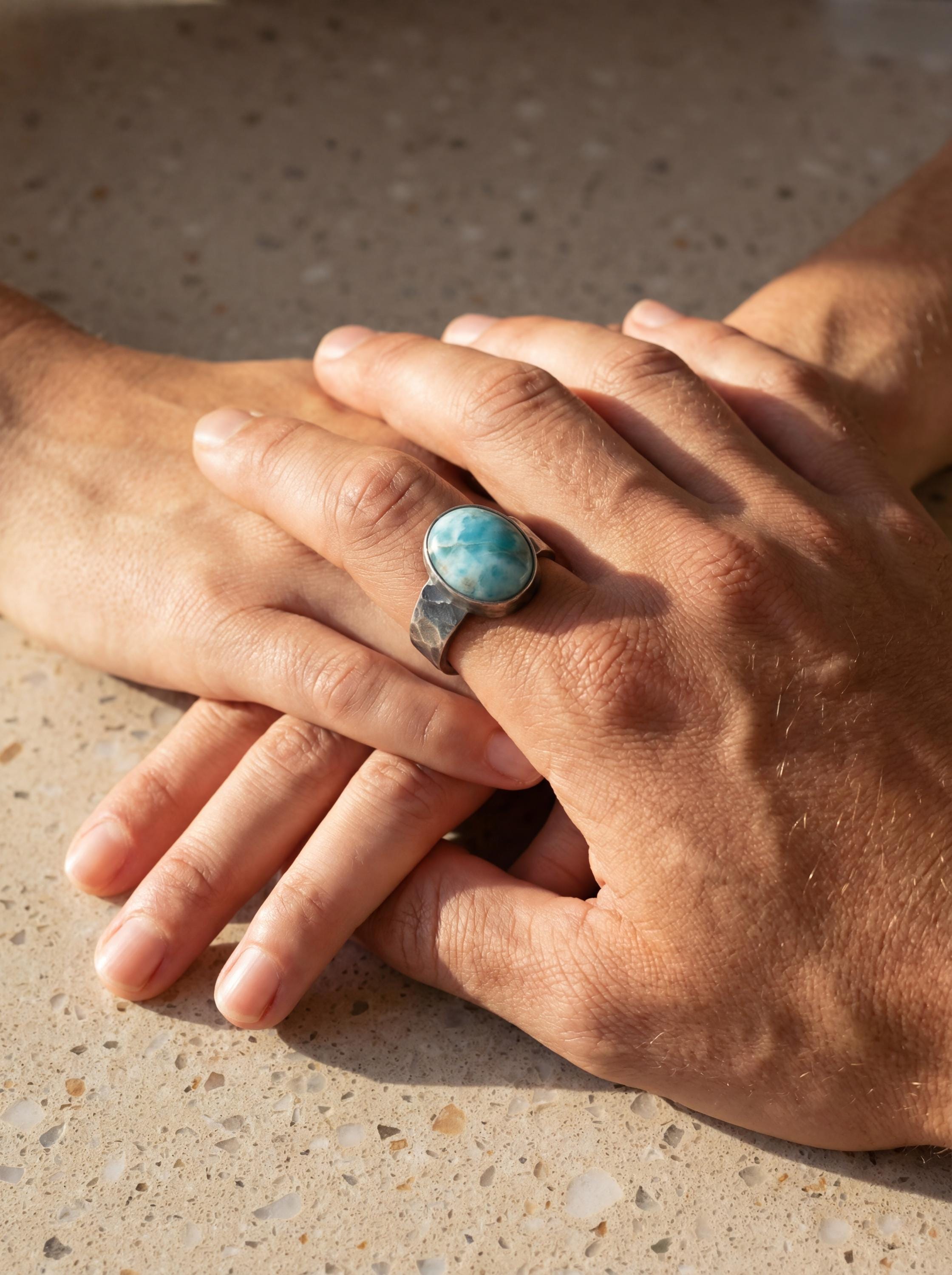 AAA Grade Larimar Pectolite Dolphin Stone Oval Cabochon Ring 925 Silver Hammered Oxidized Men’s Ring Size 10 Throat Chakra Energy Jewelry