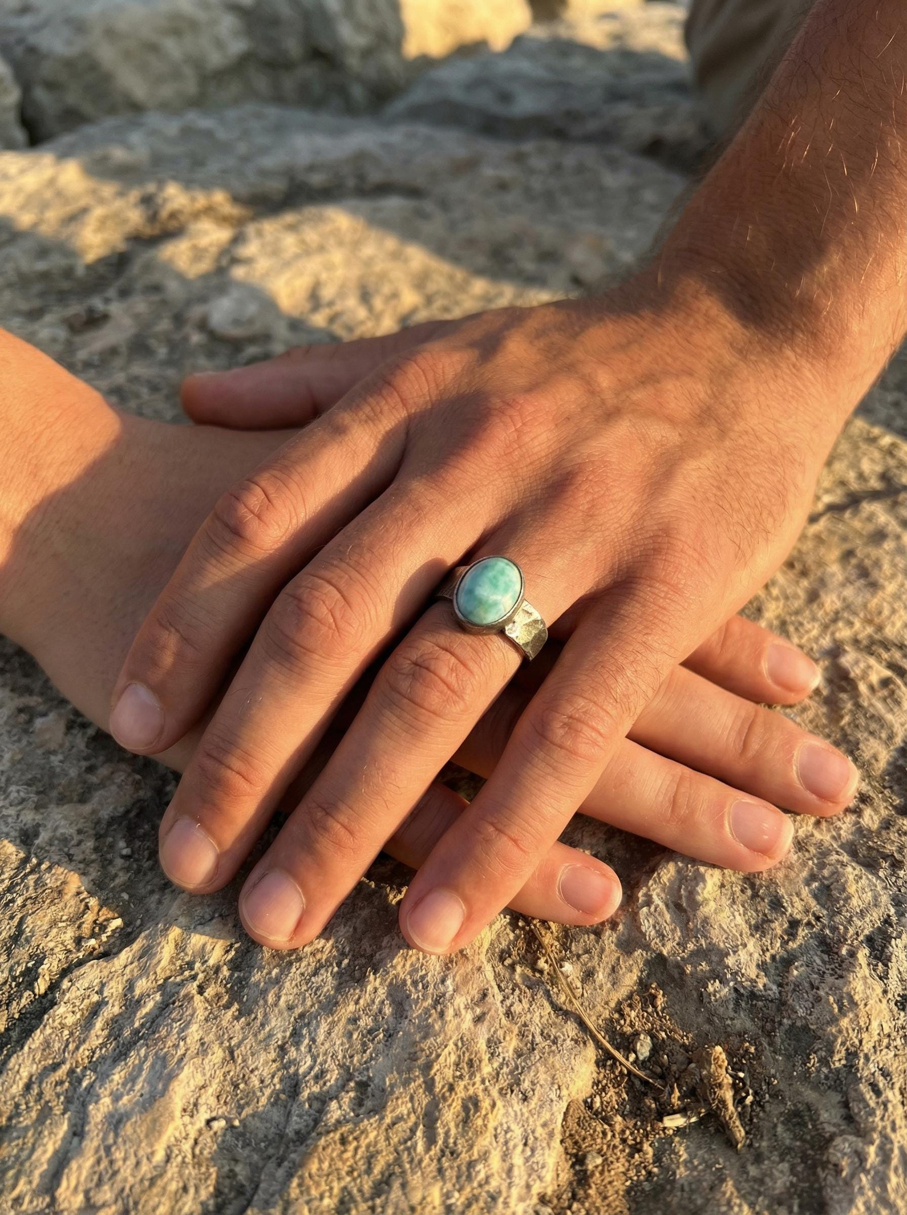 Larimar Cabochon Ring: Hammered 925 Silver Band, Size 10