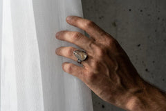 Golden Rutile Quartz Ring 925 Sterling Silver Mens Size 9 Tooth Shaped Cabochon Oxidized Hammered Jewelry Gift